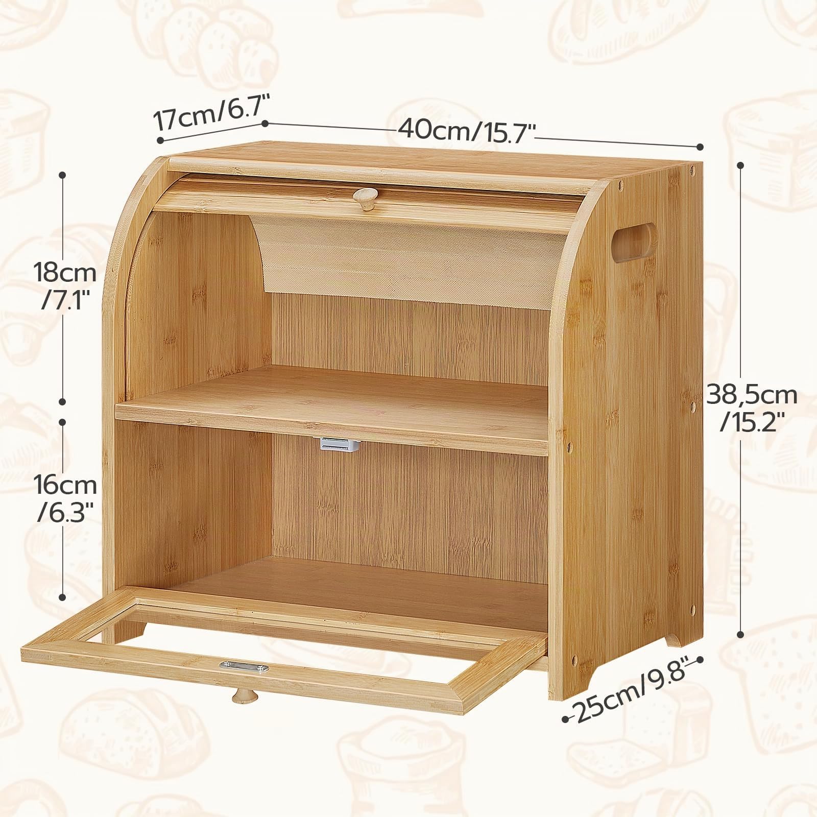 HOOBRO Brotkasten Bambus, 2-stöckiger Brotkorb, Brotbox, Brotaufbewahrung mit Rolldeckel und Vitrine, Brotbehälter für Brötchen und Gebäck, für Küche und Restaurant, Bambusfarbe EYL13MB01