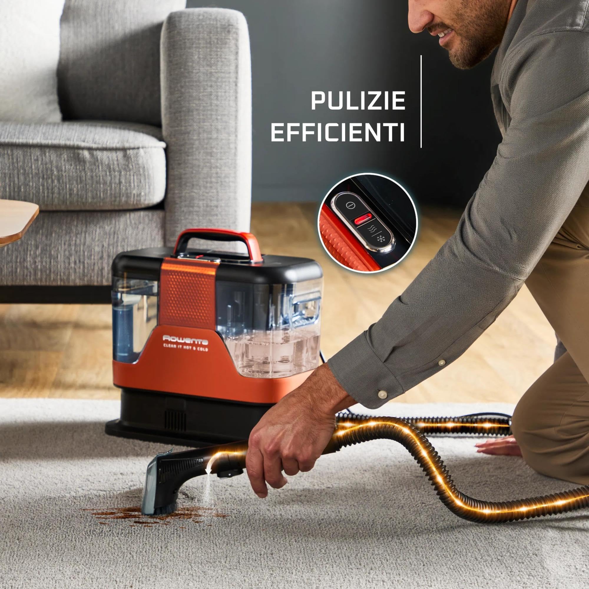 Rowenta Clean It Hot & Cold, Smacchiatore, Pulitore Portatile per Tappeti, Due Modalità di Pulizia, 1150W, IN7011