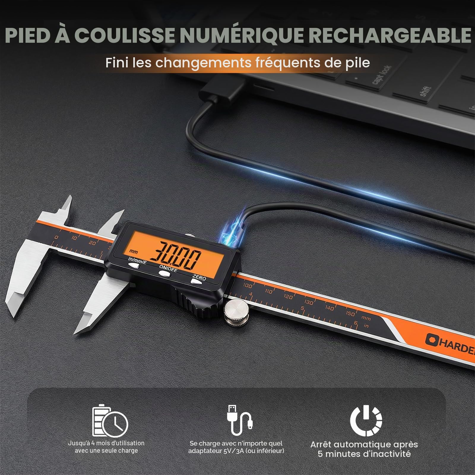 HARDELL Pied à Coulisse Numérique Rechargeable 150 mm/6" – Grand Écran Orange, Micromètre Acier Inoxydable, Arrêt Automatique, Pouce/mm/Fraction, pour Bricolage Maison & Impression 3D