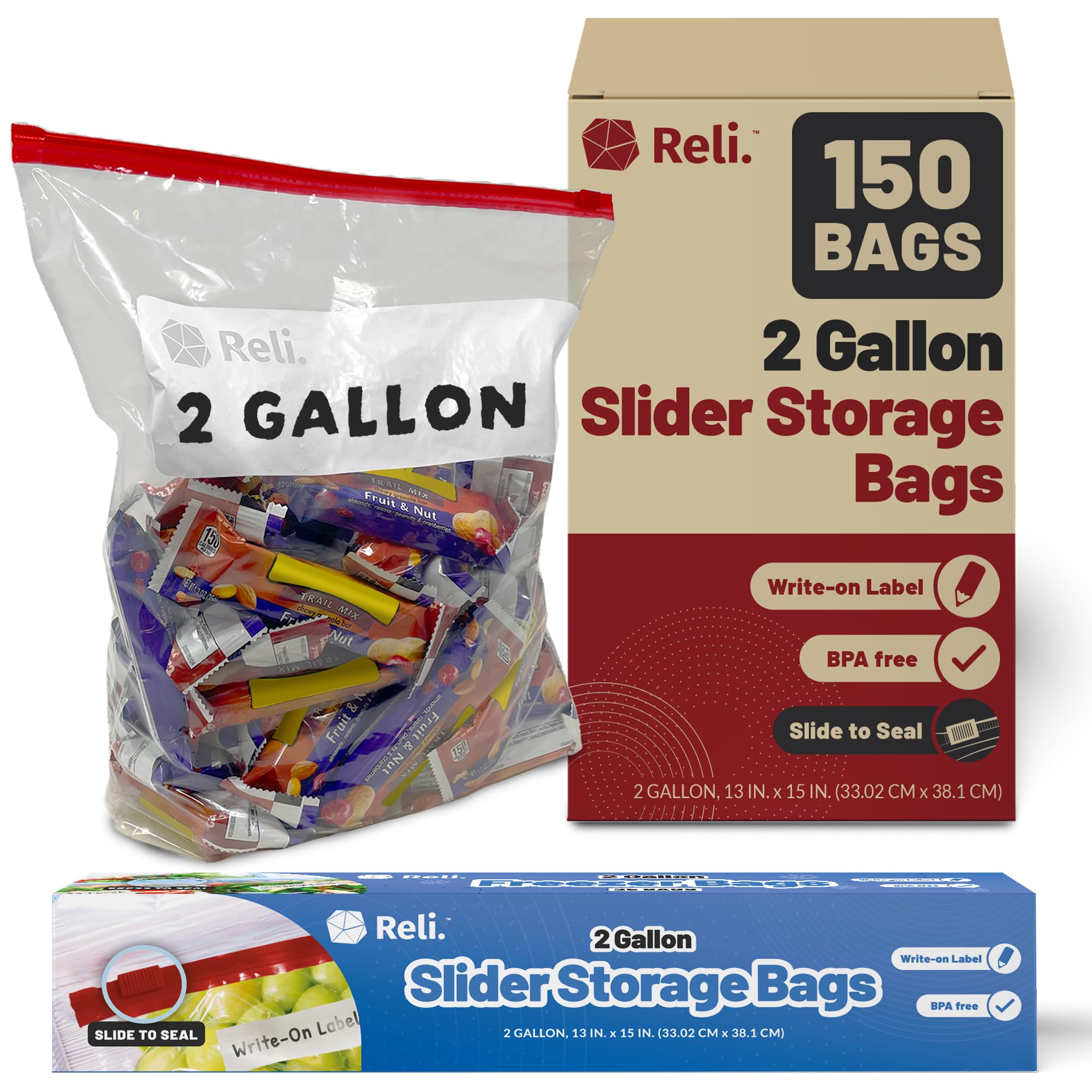 Reli. 2 Gallon Slider Bags (150 Count) 13x15 inch Jumbo Food Storage Bags, 2 Gallon | Slider, Write on Label | Bulk 2Gal Sliding Storage | Extra Large