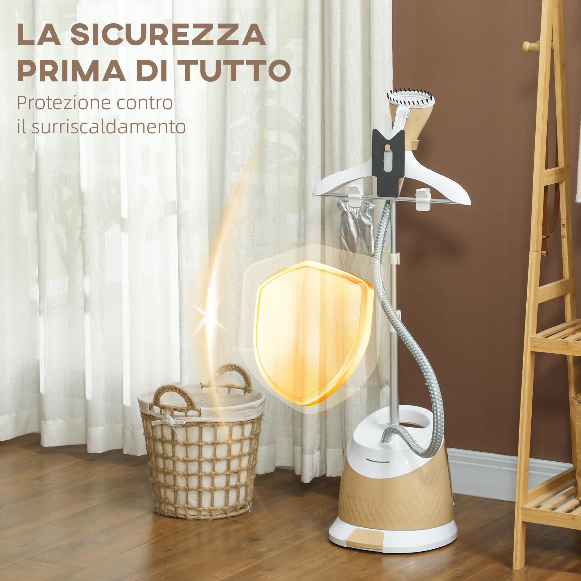 HOMCOM Ferro da Stiro Verticale a Vapore 1800W con Serbatoio 1.8L Oro | Stiratrice Stirella Verticale, Piastra Alluminio, Regolabile, Asta Telescopica, Accessori Abiti Tende Divani