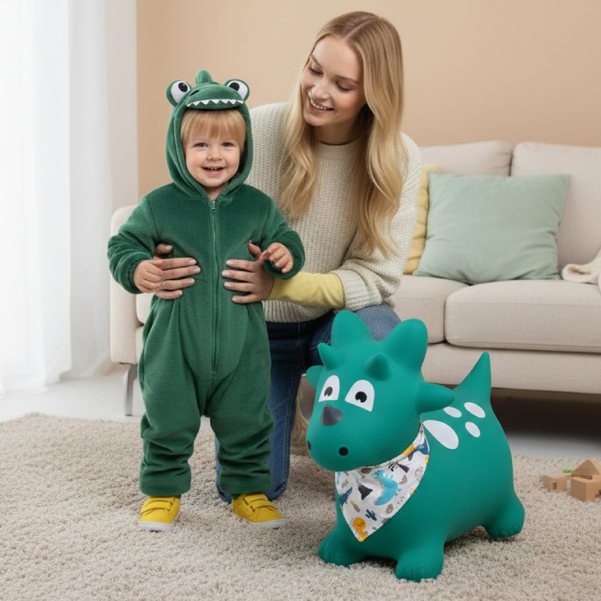 sun baby Animale Gonfiabile Che Salta, Giocattolo di 1 Anno, Saltarello per Bambini, Design ergonomico, Cavallo Giocattolo, Pompa Manuale Inclusa (Dino Verde con Bandana)