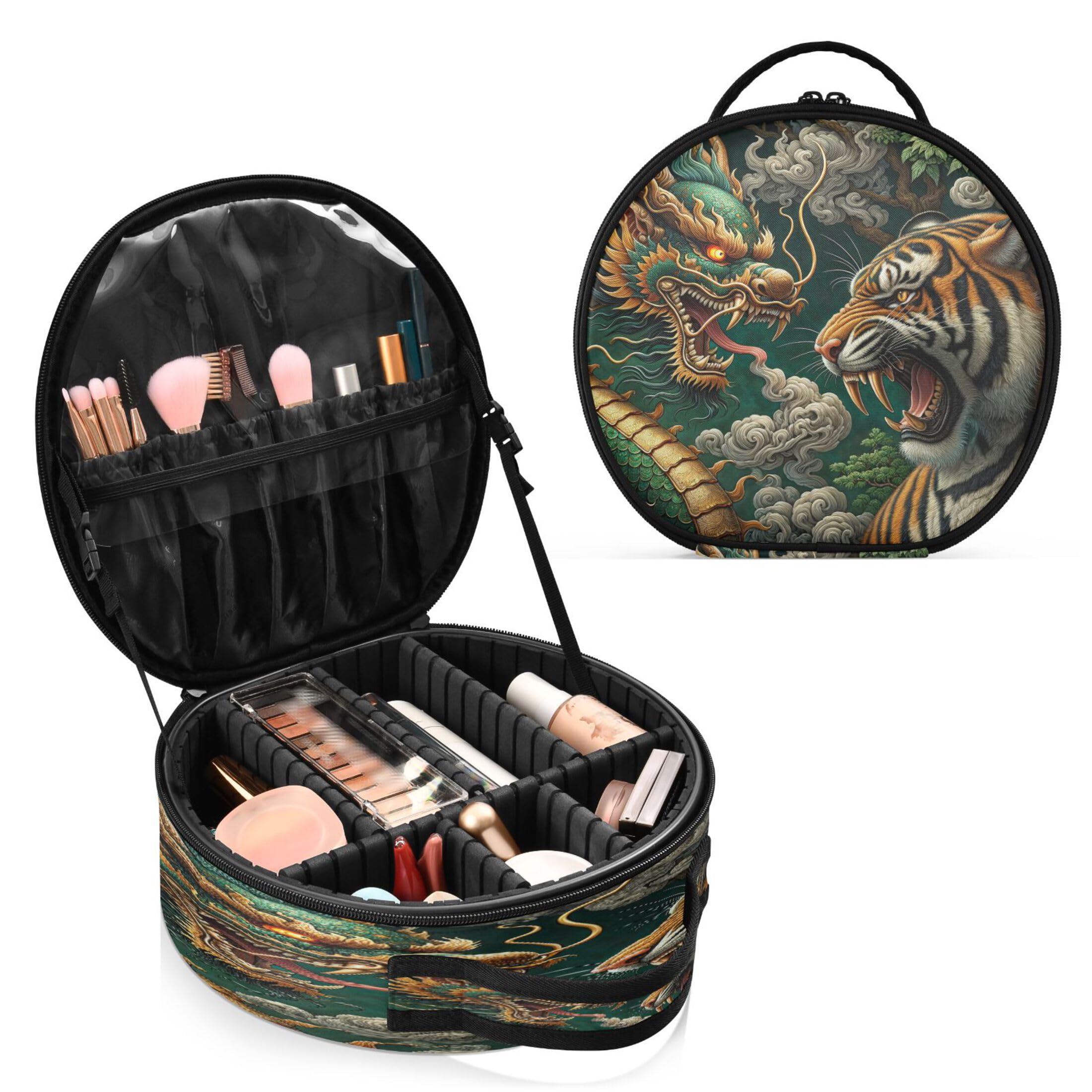 Takiito Dragon Tiger Travel Makeup Case Portable Makeup Box Artist Cosmetic Case Organizer With Adjustable Dividers
