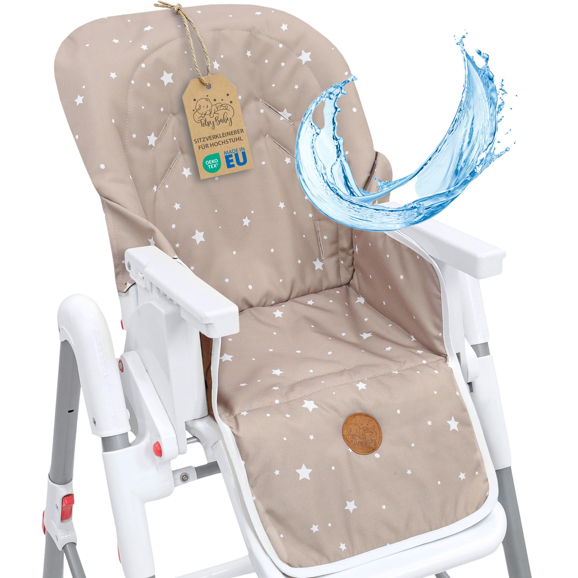 Copri seggiolone pappa universale - copriseggiolone bambino e bambina cuscino imbottitura riduttore per sedia con un rivestimento impermeabile stabile certificato Oeko-Tex Beige con stelle bianche