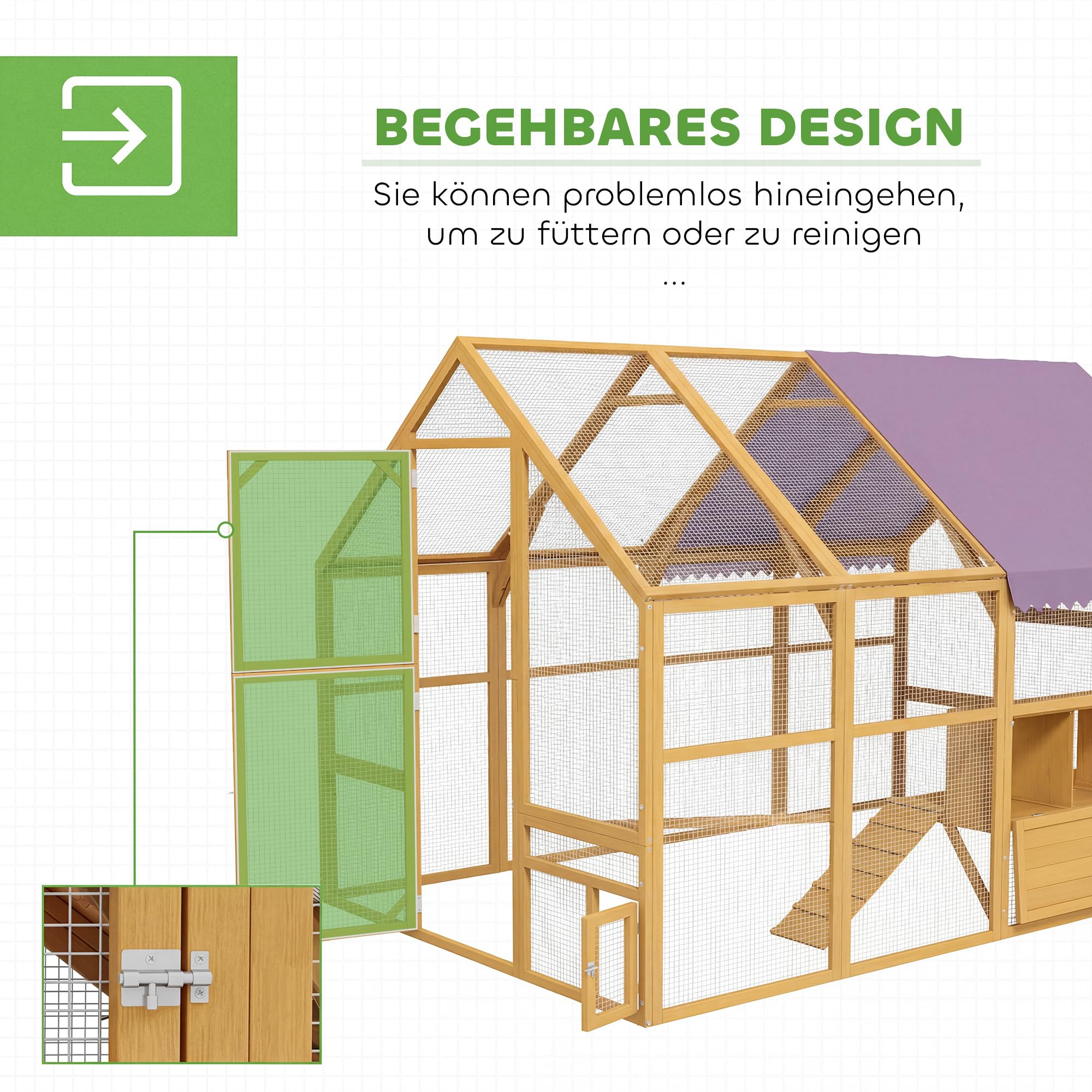 PawHut Hühnerstall 5,2m² ca. 2,8x1,8x1,9m Freilaufgehege Holz mit Freilauf Sicherheitsschloss Teilbare Tür 4 Nistkasten Dach Rampe begehbar Hühnergehege Vogelkäfig für 8-12 Hühner Kaninchen Ente