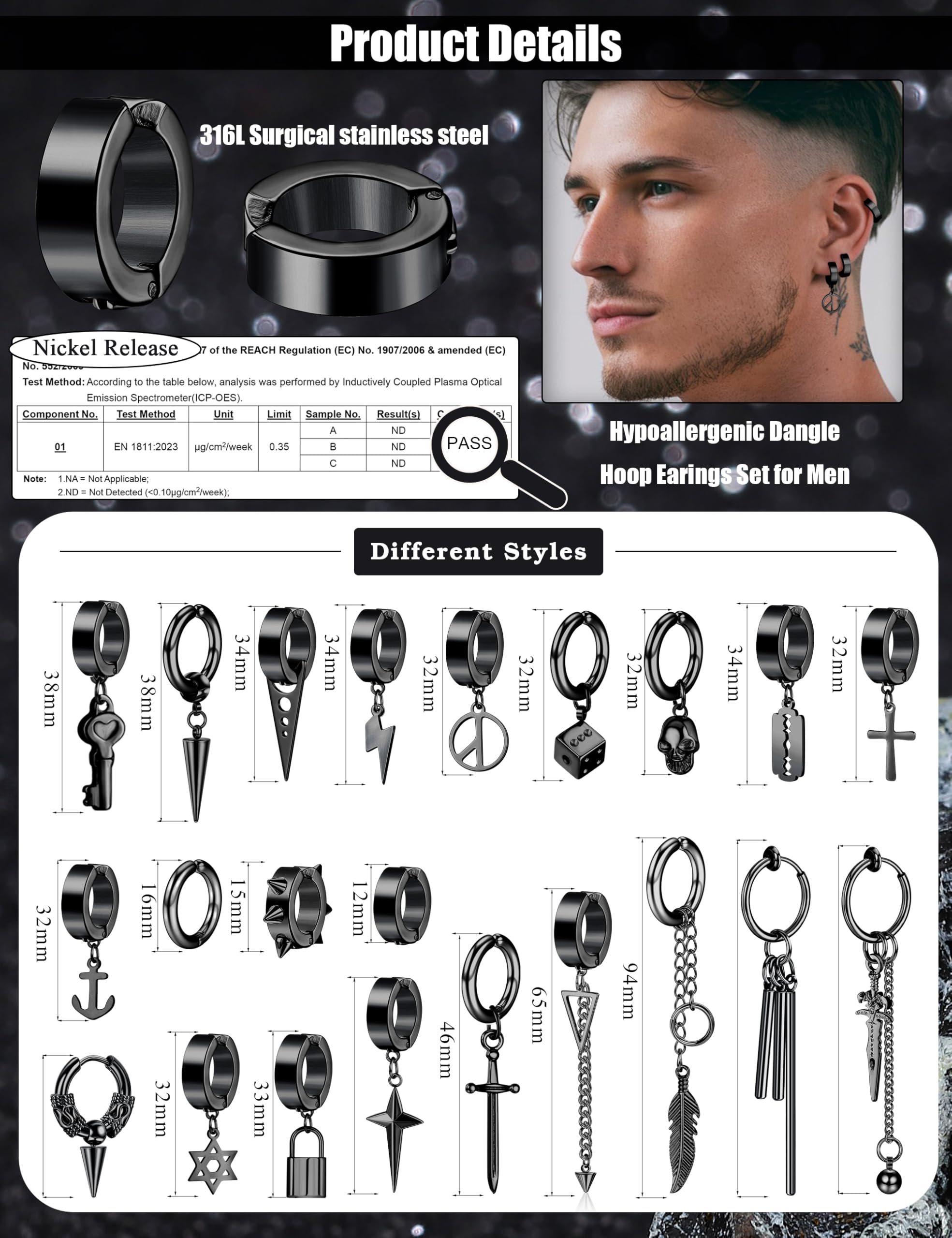 Diamday 25 Pezzi Clip Orecchini per Uomo Acciaio Inossidabile Croce Catena Orecchini Dangle Nero Huggie Cerchio Orecchini Non Pierced Punk Gotico Kpop Orecchini Set