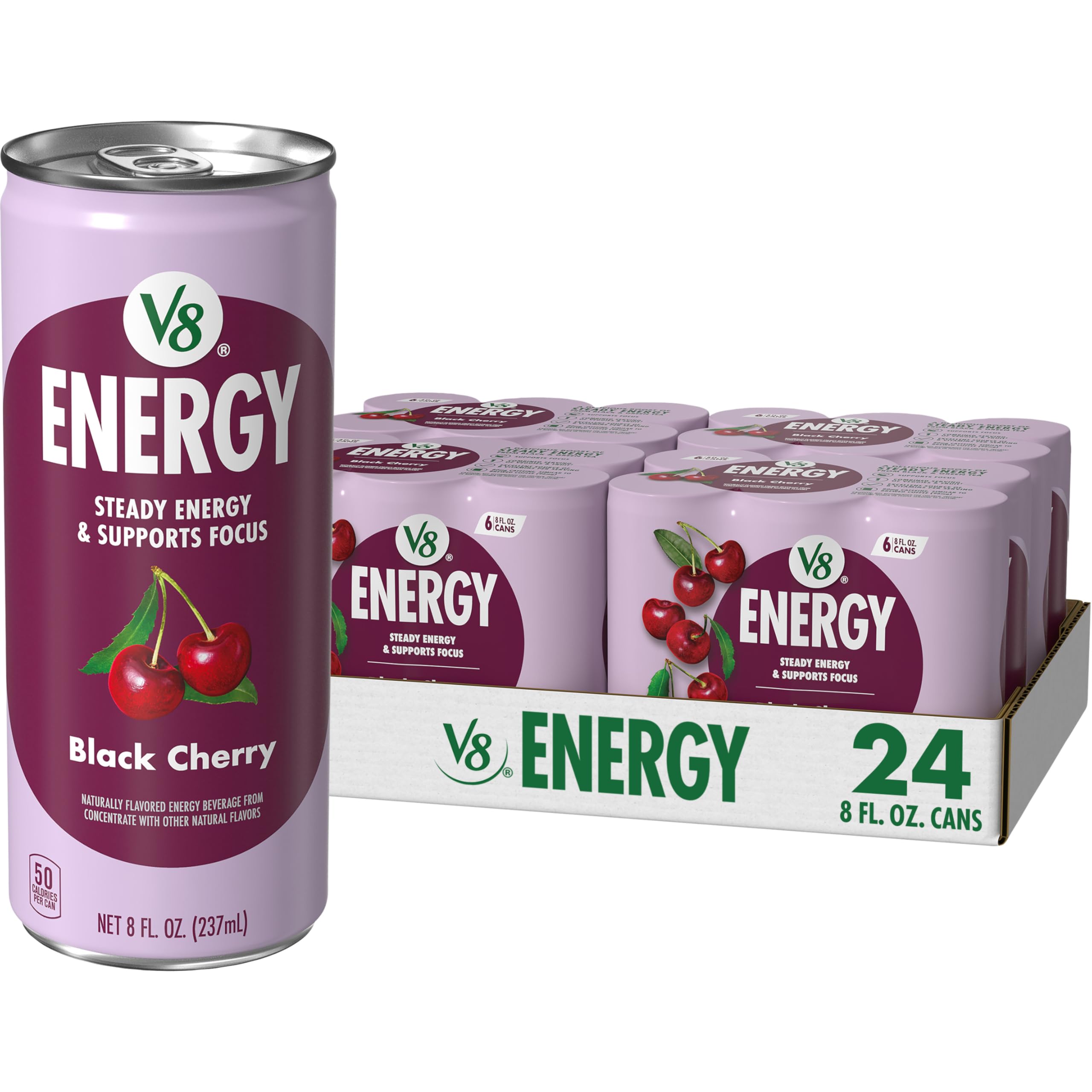 V8 +ENERGY Black Cherry Energy Drink, Made with Real Vegetable and Fruit Juices, 8 FL OZ Can (4 Packs of 6 Cans)