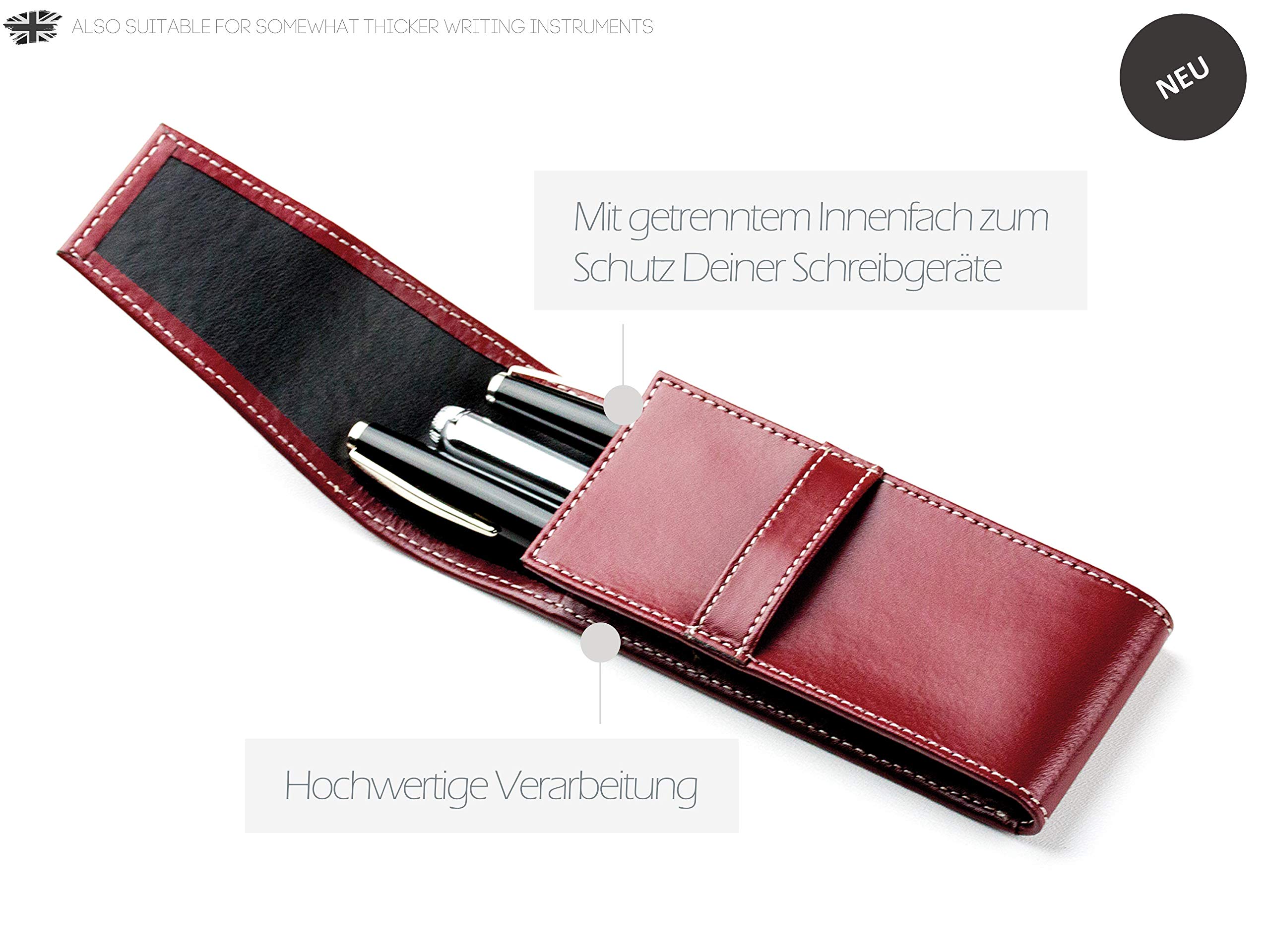 DELMON VARONE - Personalisierbares Schreibgeräteetui Cambridge Top Grain Leder Rot, Echtleder Stifteetui mit Verschlusslasche für 3 Schreibgeräte, Etui für hochwertige Kugelschreiber, Stifte & Füller