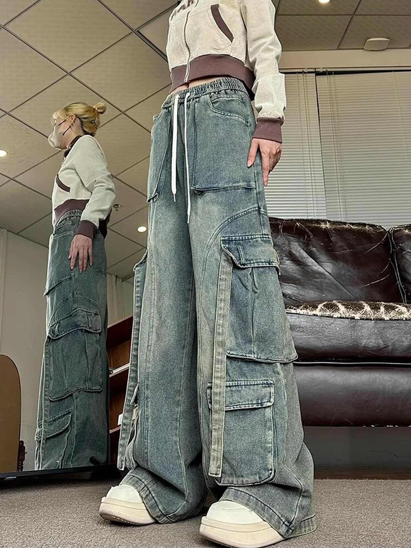 Japanische Mode Jeans 2000er Jahre Ästhetische Vintage Baggy Wide Leg Cargo Denim Hosen Y2k