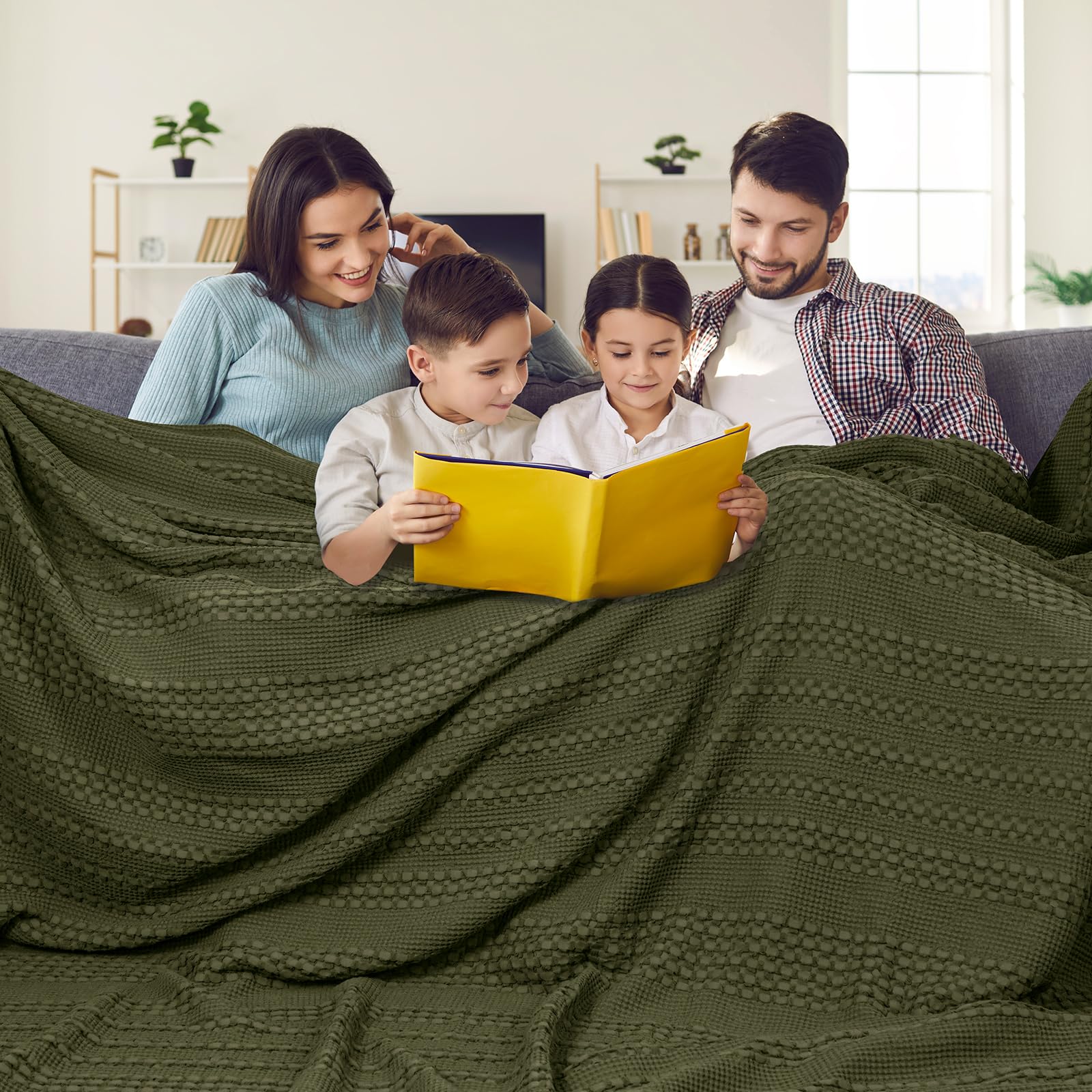 phf 100% cotton waffle blanket oversized king 120"x120", lightweight breathable extra large 10'x10' blankets for bed, giant big luxury aesthetic woven bedding for home decor, capulet olive