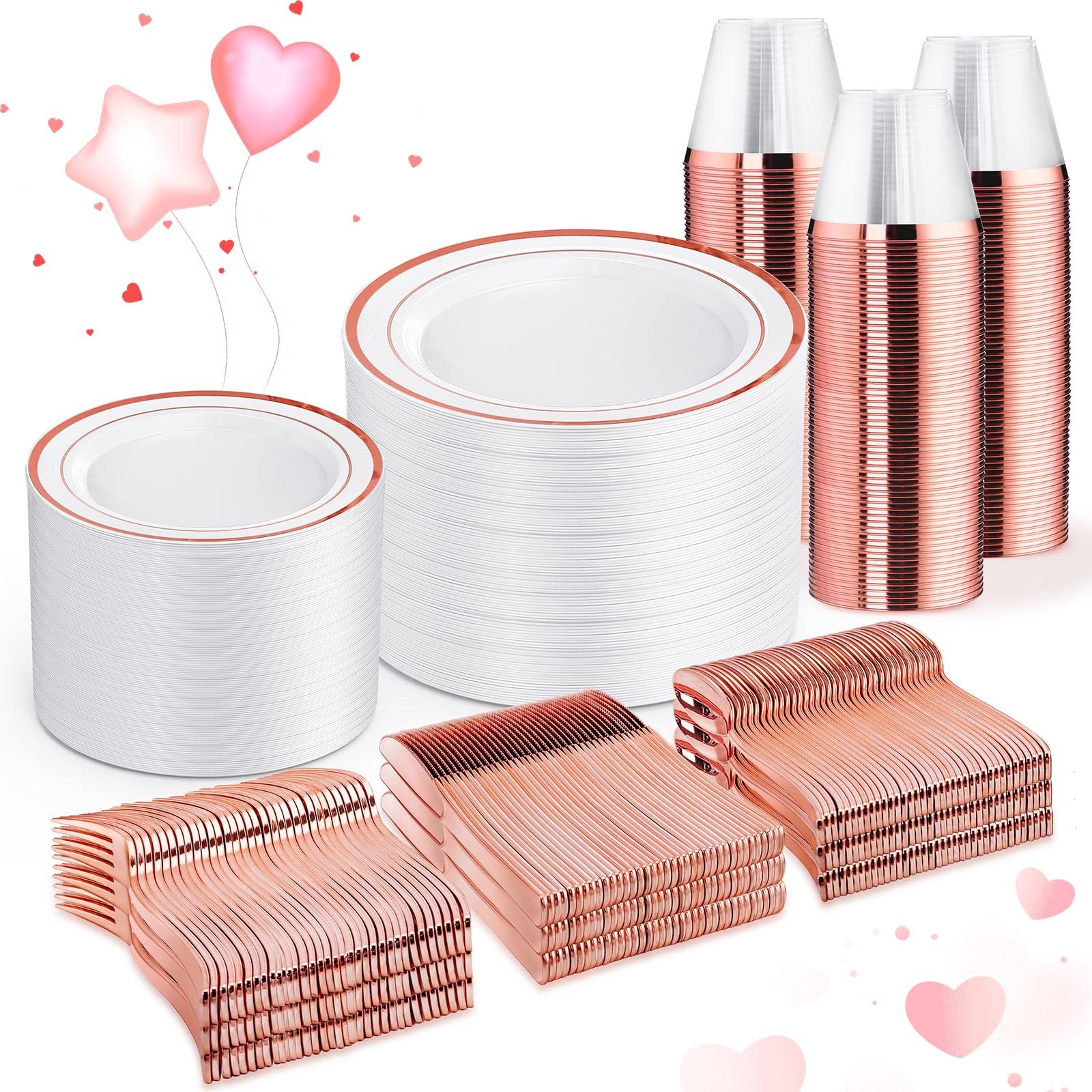 WELLIFE 600 PCS Rose Gold Disposable Dinnerware Set for 100 Guests, Valentine's Day Plate, 100 Each-Dinner & Salad Plates, Cups, Forks Knives Spoons for Wedding Reception and Mothers Day Plates