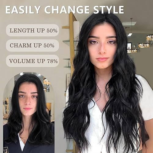 Miniatura 3 de MISSQUEEN Extensión de 20 pulgadas, 4 extensiones de cabello negro natural, extensiones gruesas de doble trama largas onduladas (negro)