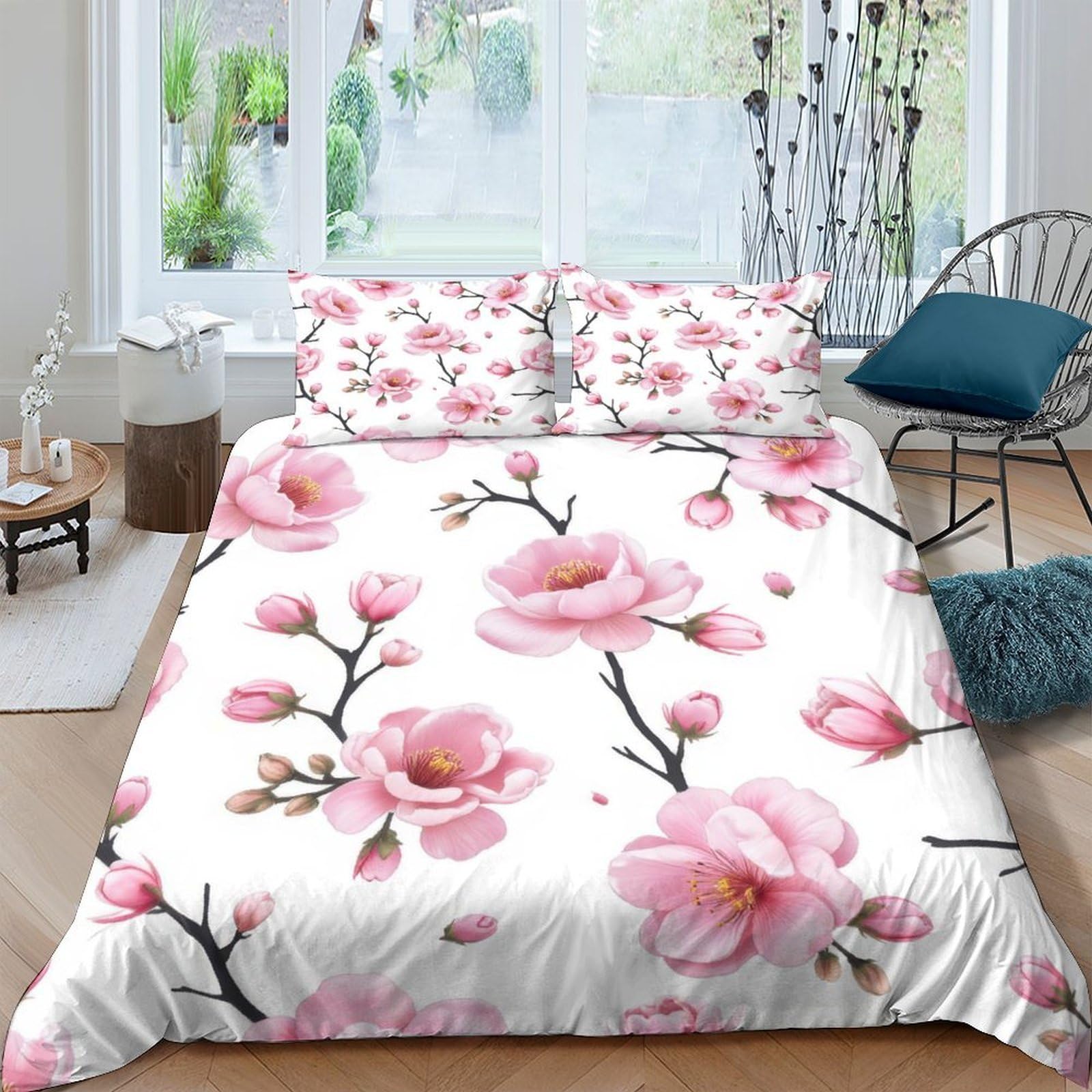 Ctjqhvkz Style-8 3D Printed Pink Blossom Fitted Sheet Microfiber Soft Floral Bed Sheet Magnolia Design Bedroom Decor Mattress Cover Single（135X200cm）