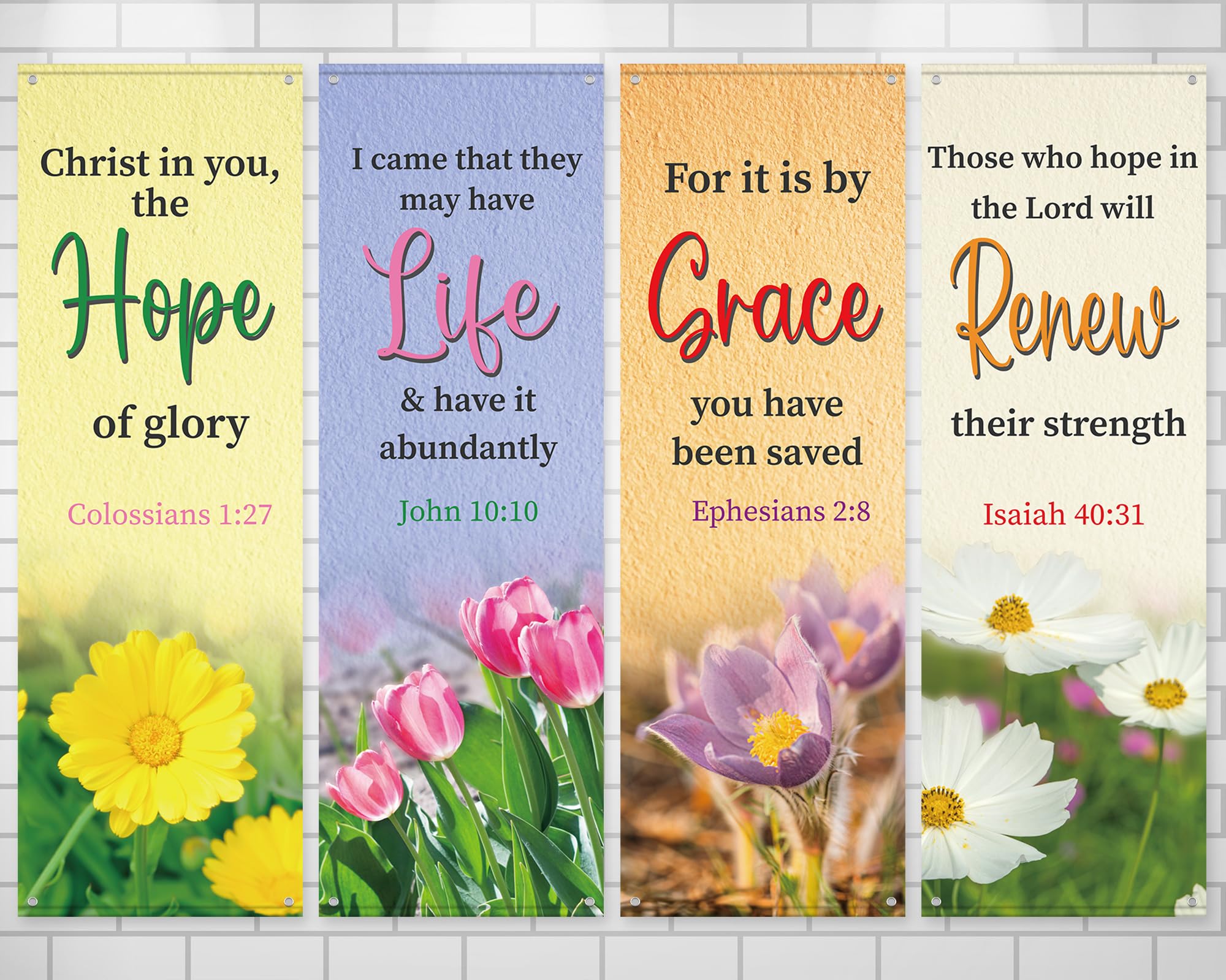 4Pcs Church Banners for Sanctuary Wall Welcome Inspirational Religious Banners Hanging Backdrop Blooming Flower Church Banner with Scripture Bible Verses Exquisite Banner for Holiday School Decor