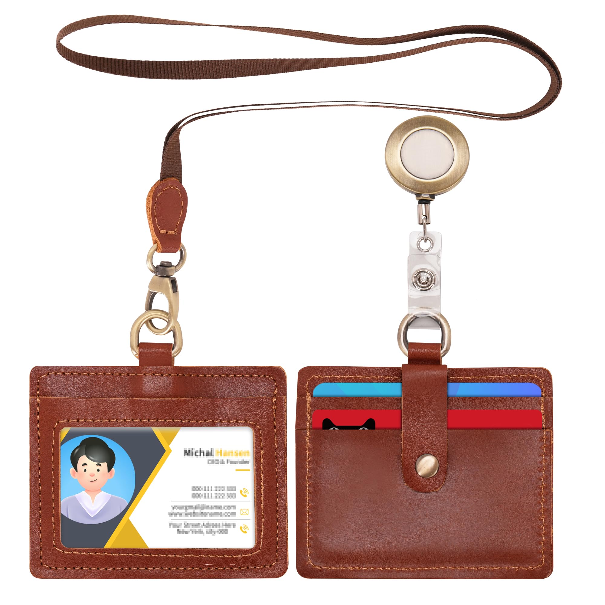 Wonderpool Leather Horizontal Badge Holder with Detachable Neck Lanyard and Retractable Badge Reel Clip