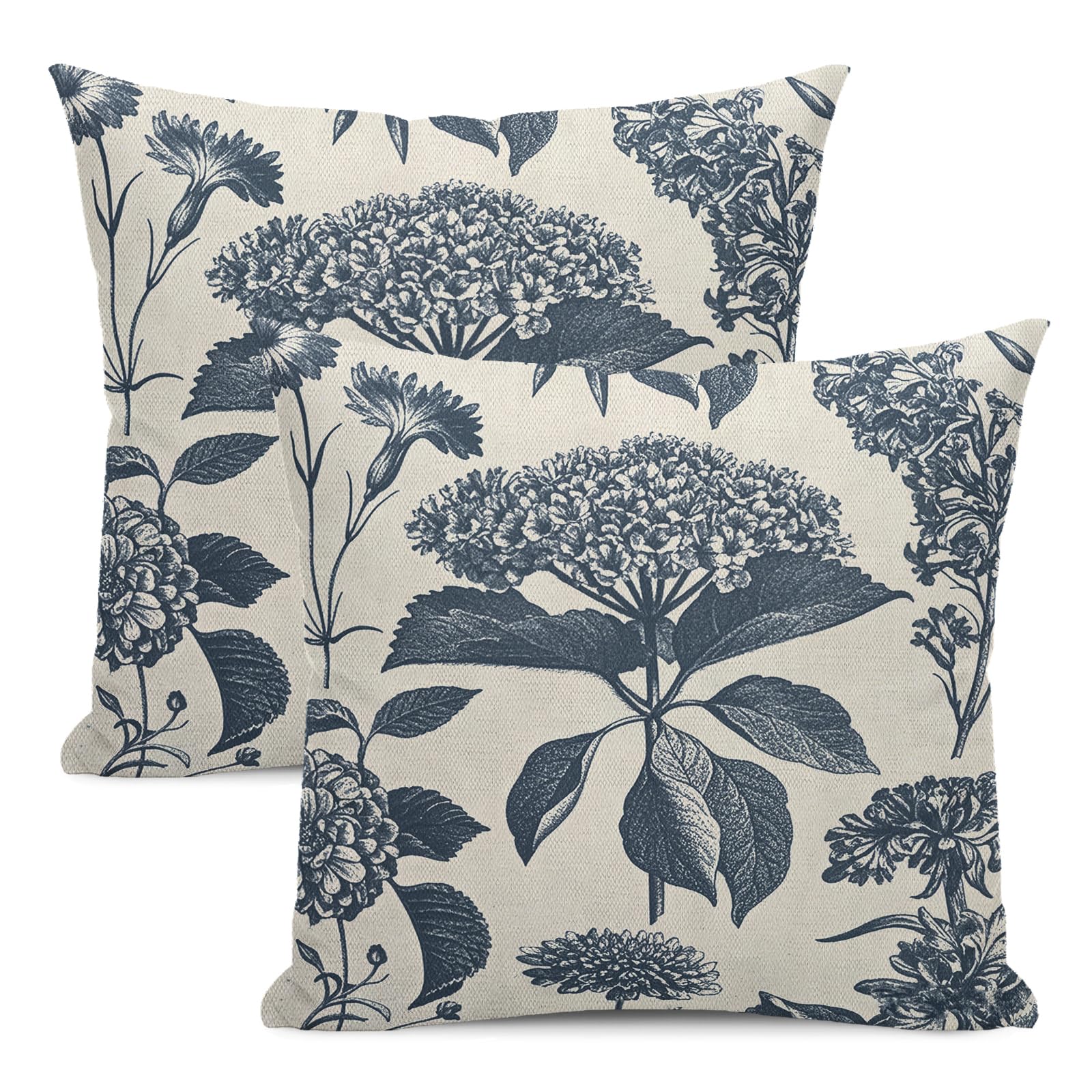 Yxuiyal Floral Pillow Covers 18x18 Set of 2 Vintage Blue Hydrangea Herbs Botanical Throw Pillow Cover Outdoor Decoration Boho Flower Pillowcase
