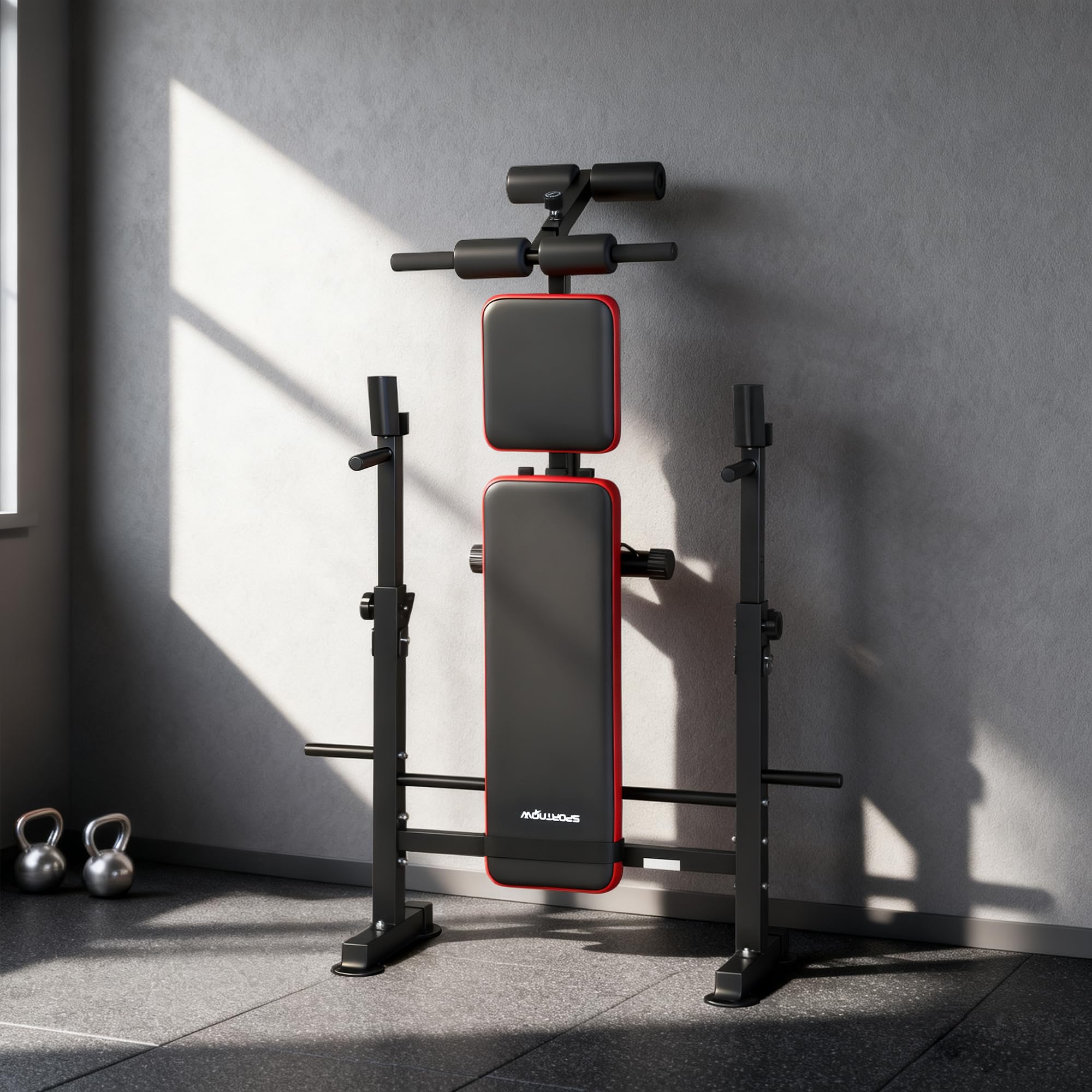 SPORTNOW Banc de Musculation Complet Multifonction avec Dossier Réglable, Repose-Jambes, Sangles d'Entraînement et Support de Poids, Banc Développer Couché à Plat ou Incliné, Entraînement Fitness