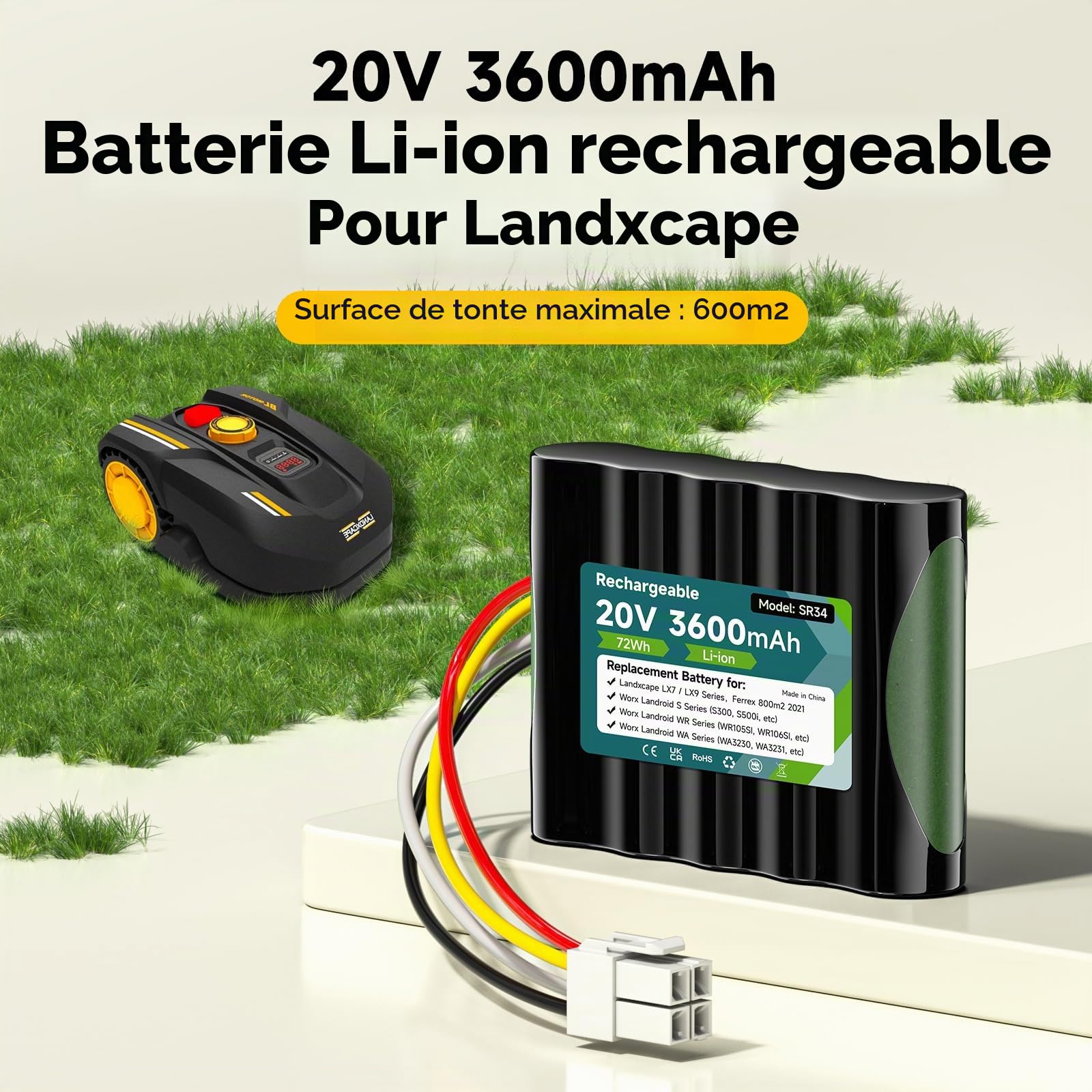 20V 3500MAH Batterie pour Worx Landroid S Basic, S450i, S500, WA3230, WR101SI, WR102SI, WR105SI WR105si.1, WR106SI, WR115mi, Landxcape LX7 / LX9 Series, 50032492, Ferrex 800m2 2021