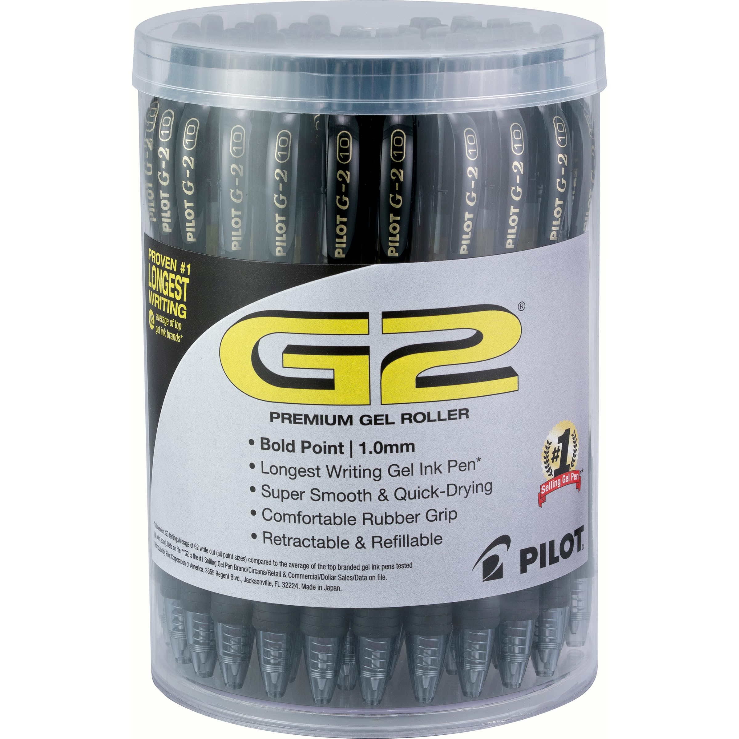 Pilot G2 Premium Gel Pens, Black Pens, Bold Point 1 mm, Tub of 48, Black