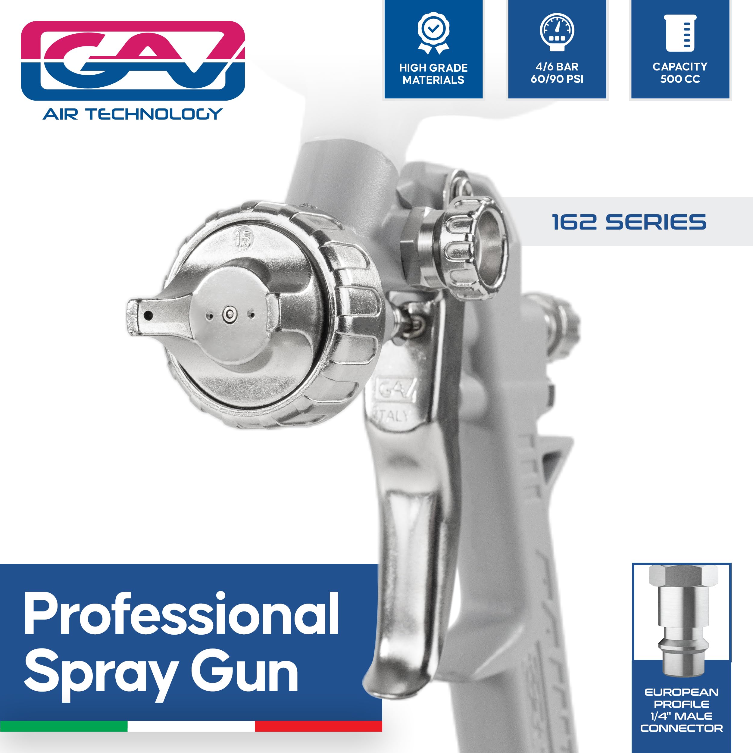 GAV Aerografo Semi Professionale Made in Italy (162A) Pistola a Spruzzo per Verniciare ad Aria Compressa con Serbatoio da 500ml