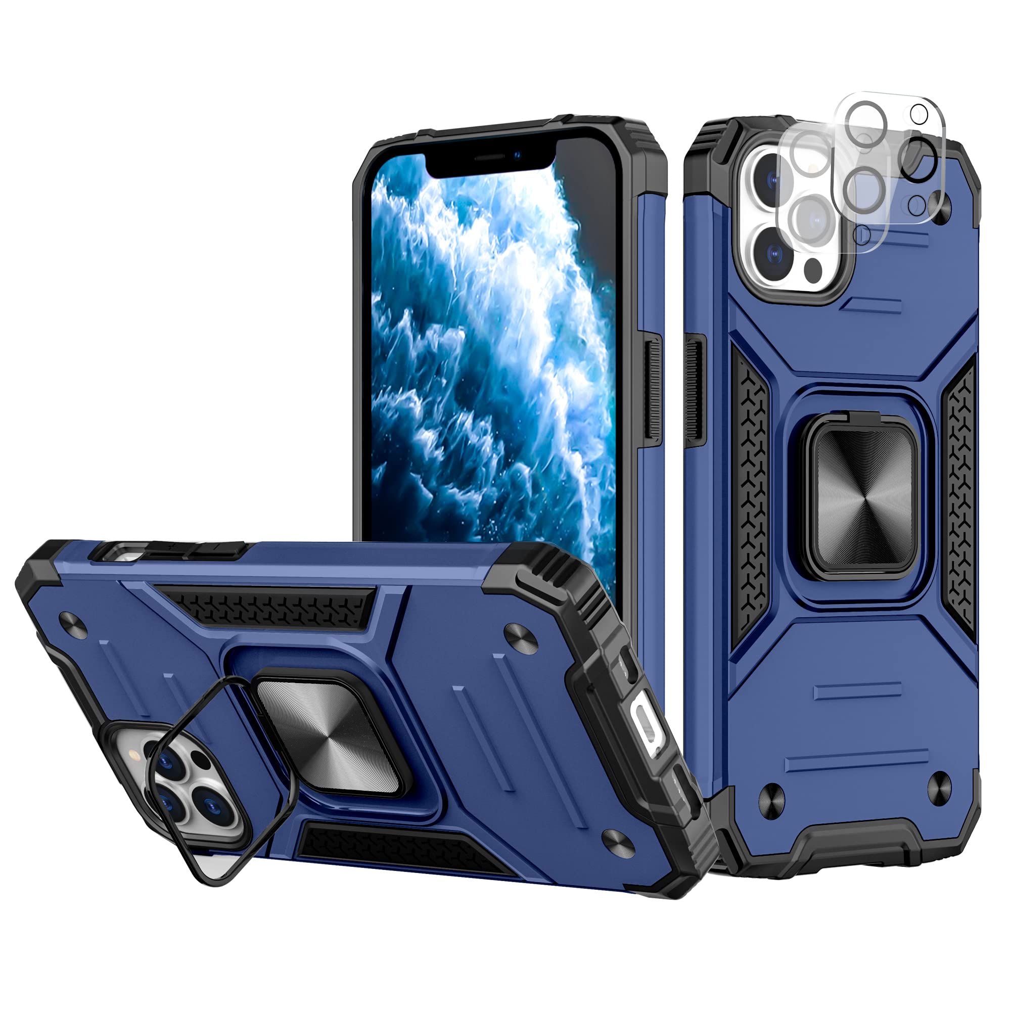 HPDUNO Pack of 2 13 Pro Max 6.7 Camera Protection Armor Case for iPhone 13 Pro Max 6.7 Case and Tempered Glass Military Shockproof Mobile Phone Case 360° Stand Cover for Car Magnet (Blue)