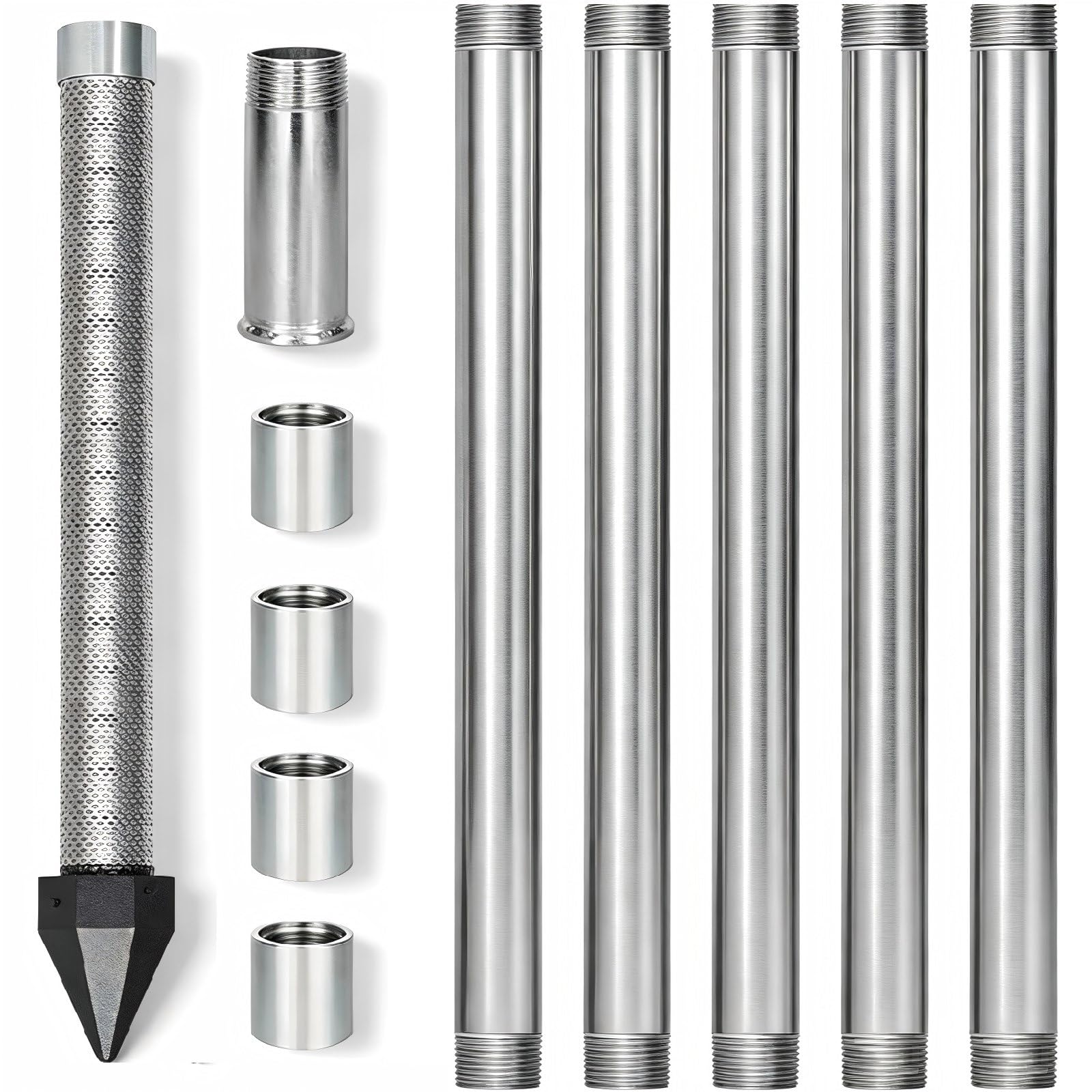 Kit de Perforación de Pozos de Agua 1-1/4", Punta Filtrante Inoxidable | Punta de 91 cm con filtro de malla 60, tubos y manguitos galvanizados para arena y terrenos blandos.