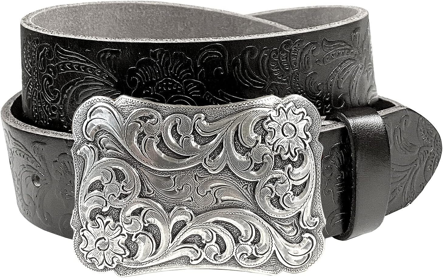 Western Fashion Style Floral Engraved Buckle Full Grain Genuine Leather Belt 1-1/2" (38mm) Wide - Assembled in the U.S