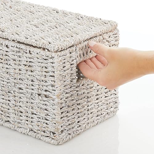 Miniatura 7 de mDesign Canasta organizadora de almacenamiento de hierba marina tejida natural con tapas extraíbles para usar en armario, dormitorio, baño, entrada,