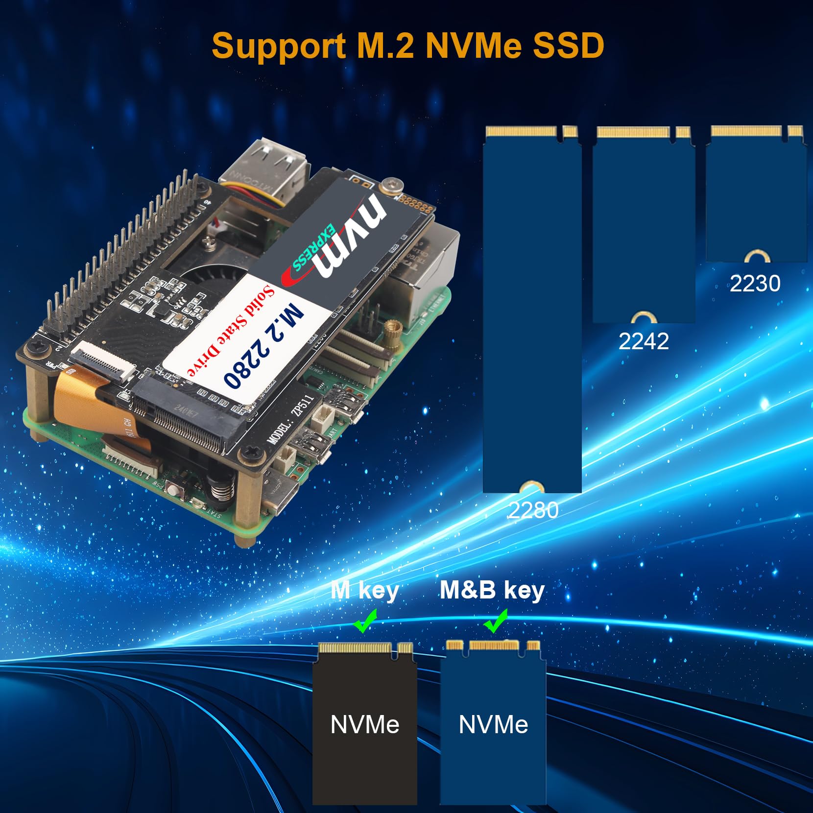 ZDE ZP511 PCIe to M.2 Key M NVMe SSD Hat with Aluminum Case ZC501 and Active Cooler ZP536 for Raspberry Pi 5 Support M.2 NVMe SSDs 2230 2242 2280