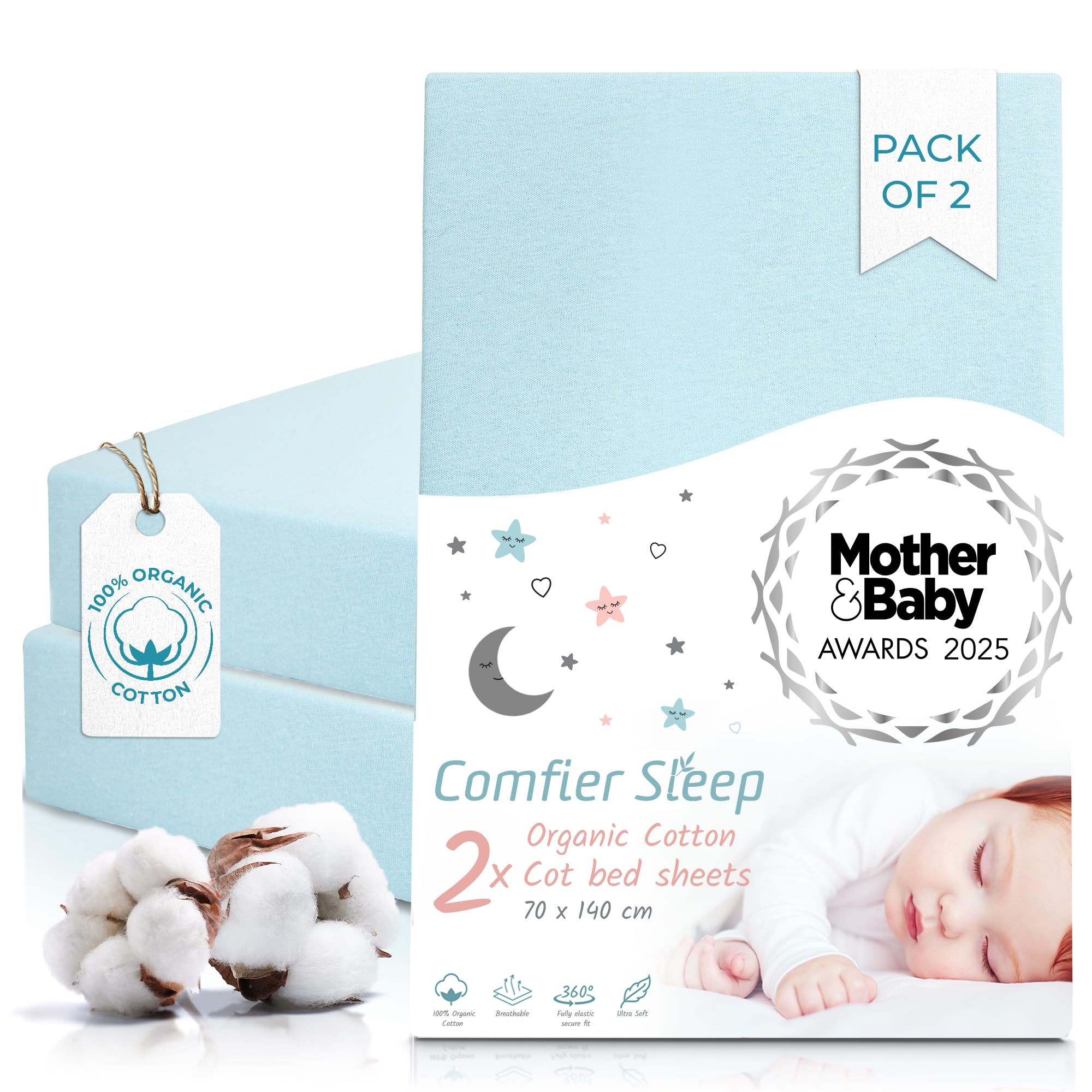 Comfier Sleep Blue Cot Bed Sheets 140X70cm - 2 Pcs 100% Organic Cotton Fitted Cot Sheets