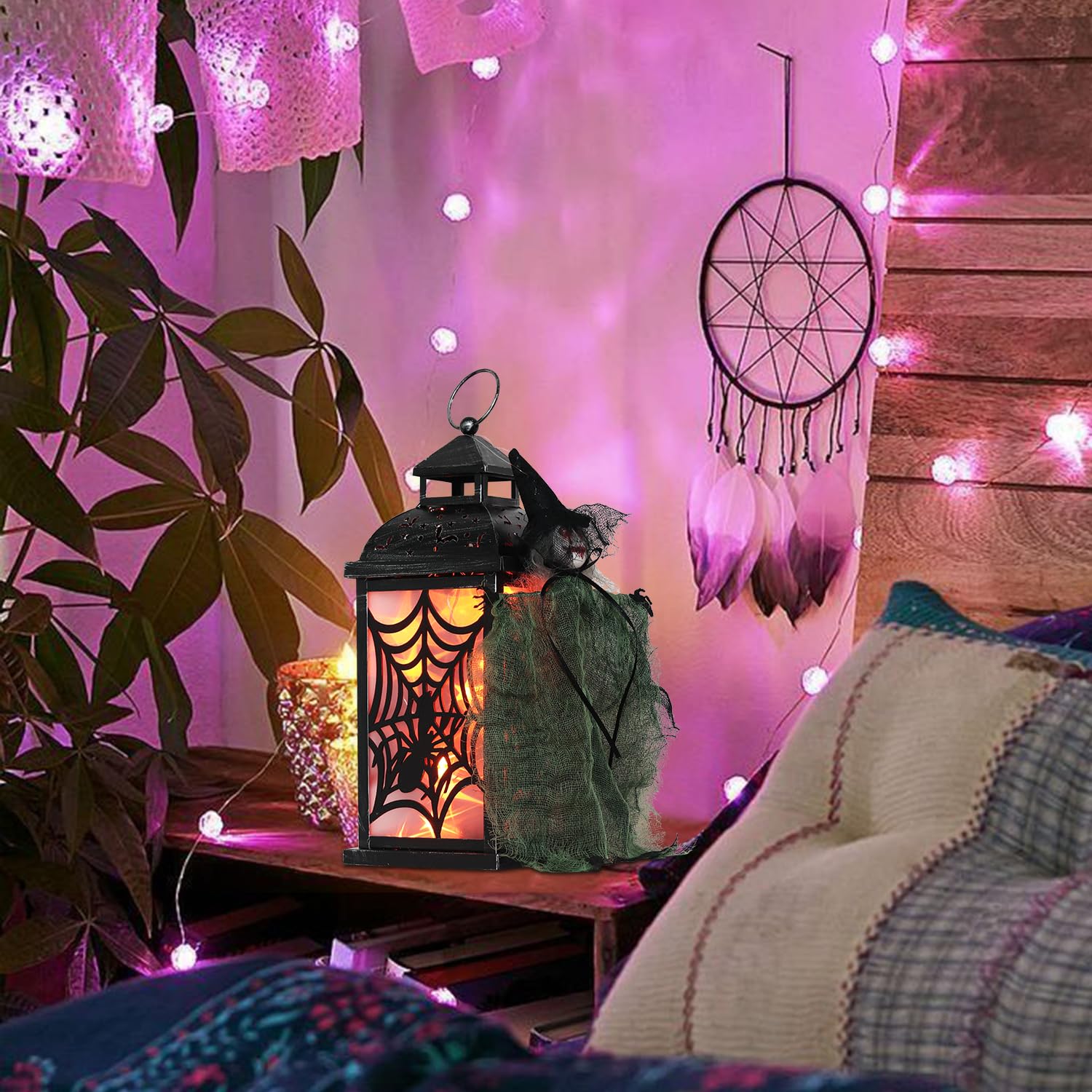 DECORKEY Halloween-Laterne Mit LED-Lichterkette - Spinnen & Kürbis-Motiv, 38,4 Cm, 8 Modi