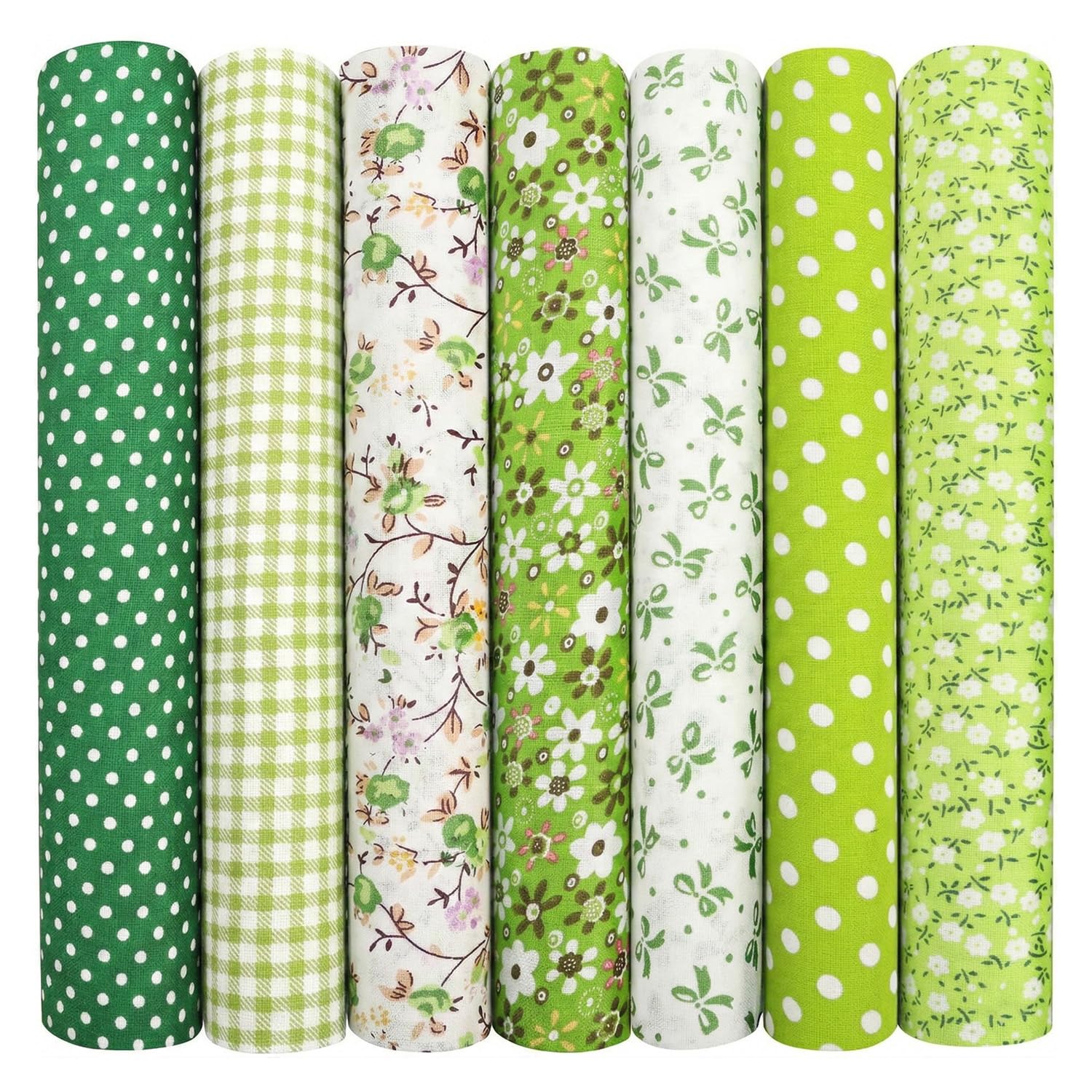 7PCS Fat Quarters Fabric Bundles 25cm x 25cm Cotton Quilting Fabric with Binding Edge for Patchwork Sewing DIY Craft and Home Decoration, Green Tones