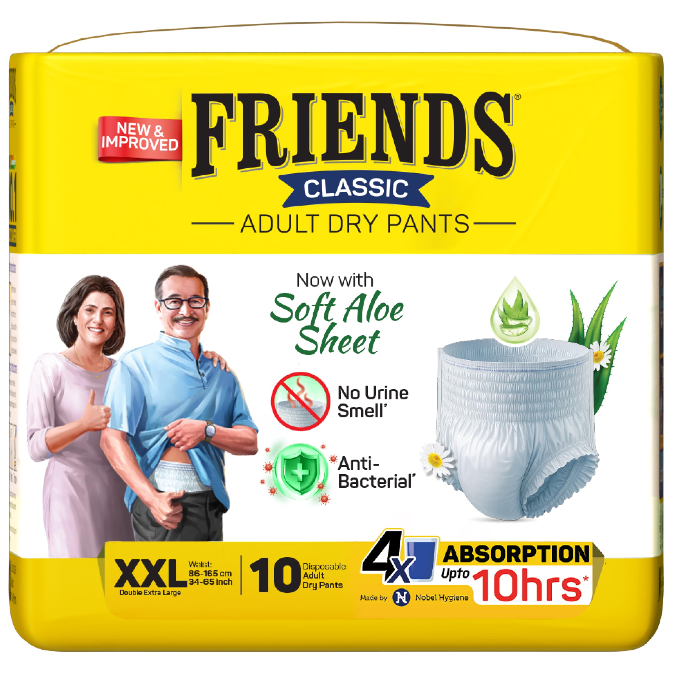Friends Classic Aloe Vera Adult Diaper Pants XXL Size |10 Count (Double Extra Large) | Waist 34-65 inch | Aloe Vera | Unisex | Quick & Even Absorption | Long Protection hours | Brief-Like Fit | Odour Lock | Leakproof | Elastic Waist & Anti-Bacterial Absorbent Core