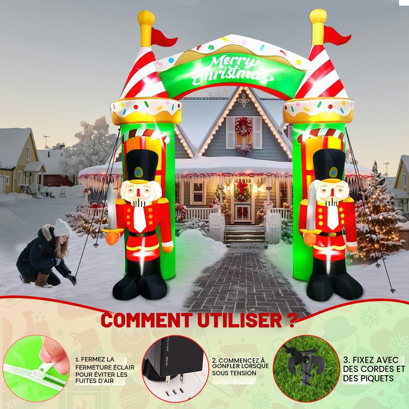 Kalolary 9FT Arche Gonflable de Noël, Arche Soldat Casse-Noisette Décoration Gonflable Merry Christmas pour l'extérieur avec lumières LED intégrées pour la décoration intérieure et extérieure