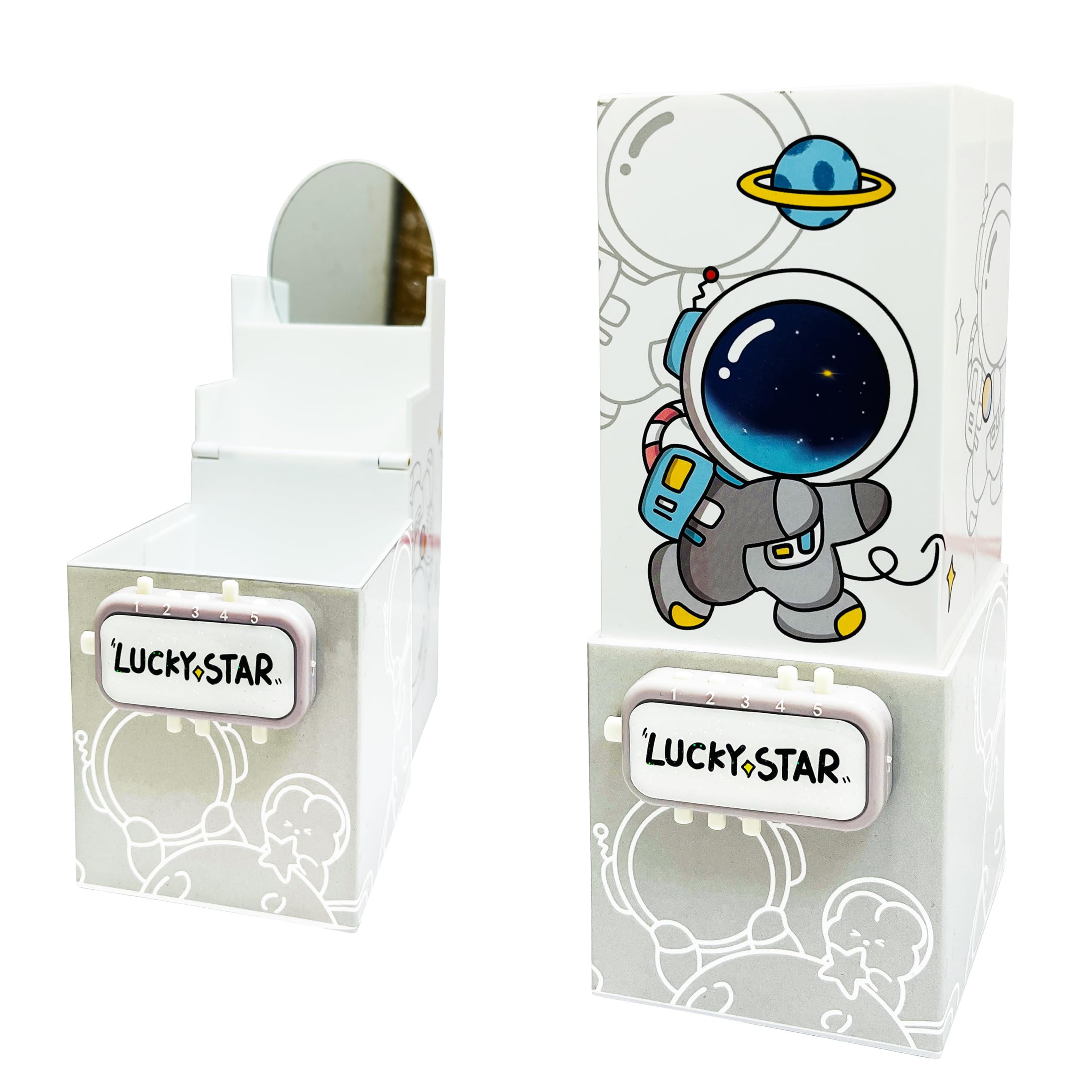 PARTEET Plastic Space Pencil Case with Mirror, Multilayer Pen & Pencil Organizer with Password Lock, Pencil Box for Kids, Kawaii Stationery Holder, Kids Pencil Box, Birthday Return Gift for Kids