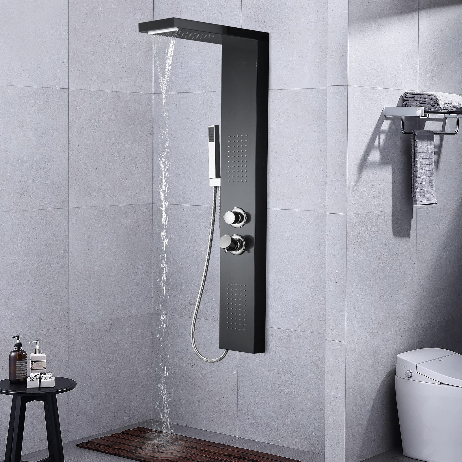 HENGMEI Panel prysznicowy system prysznicowy ze stali nierdzewnej szczotkowanej armatura prysznicowa zestaw prysznicowy z deszczownicą, prysznic z masażem, prysznic z wodospadem, słuchawka prysznicowa