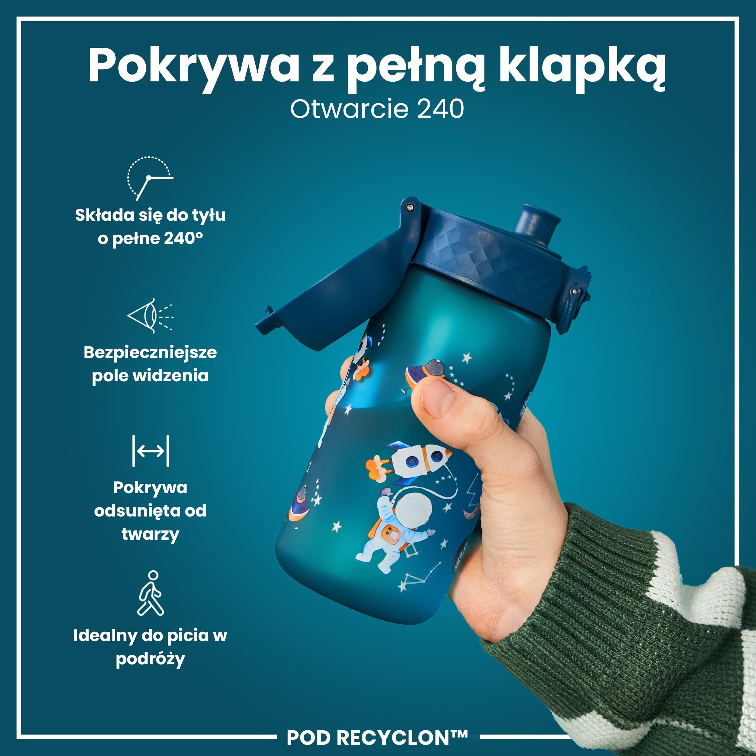 ION8 Butelka dla Dzieci, 350 ml/12 oz, Szczelna, Łatwa do Otwarcia, Bezpieczny Zamek, Można Myć w Zmywarce, Bez BPA, Uchwyt do Przenoszenia, Łatwa do Czyszczenia, Bezwonny, Wzór Podróż Kosmiczna