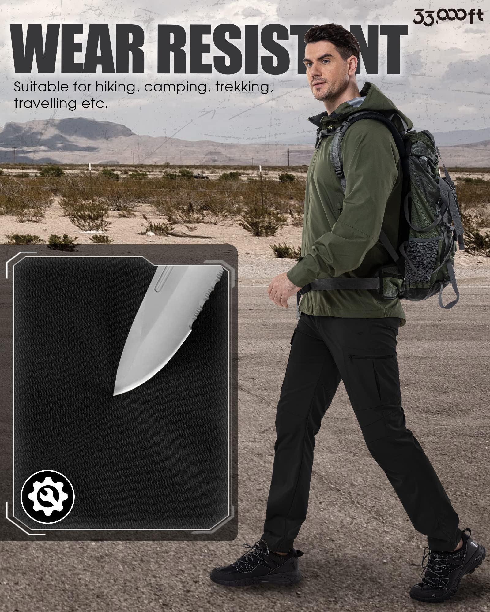 33,000ft Pantalones de senderismo para hombre, resistentes a la intemperie, transpirables, cargo, trekking, pantalones de trabajo resistentes al viento, pantalones funcionales con 6 bolsillos para