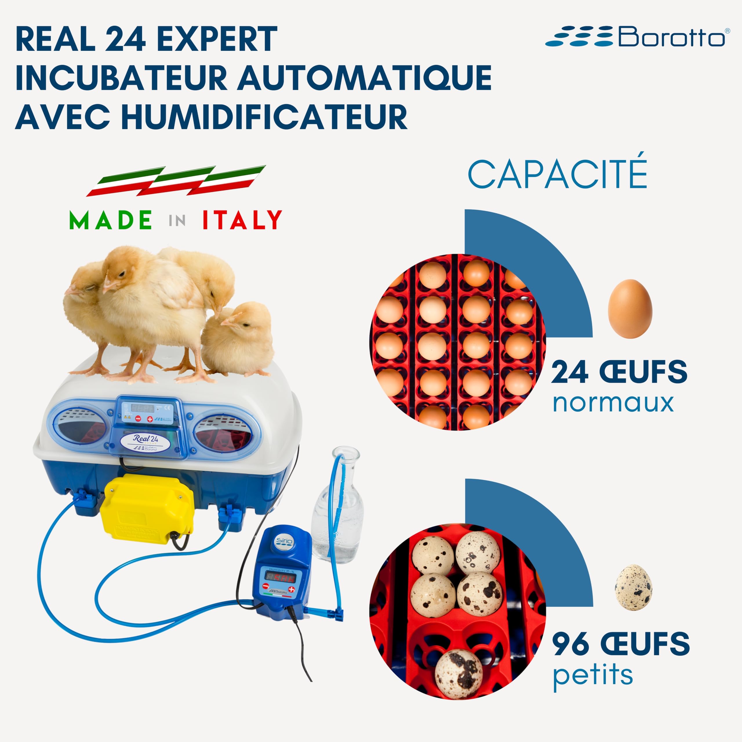 Borotto Real 24 Expert | Couveuse Oeuf Automatique 24 Oeuf ou 96 Petit avec Retournement Automatique, Contrôle de la Température et Humidificateur Automatique Sirio | Made in Italy