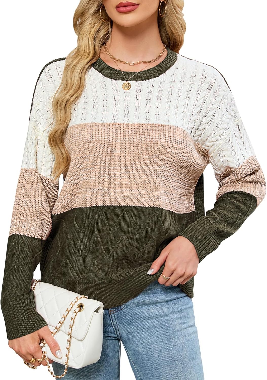 Women's Striped Color Block Sweaters Crewneck Fall Sweater Long Sleeve Oversized Soft Winter Pullover Tops