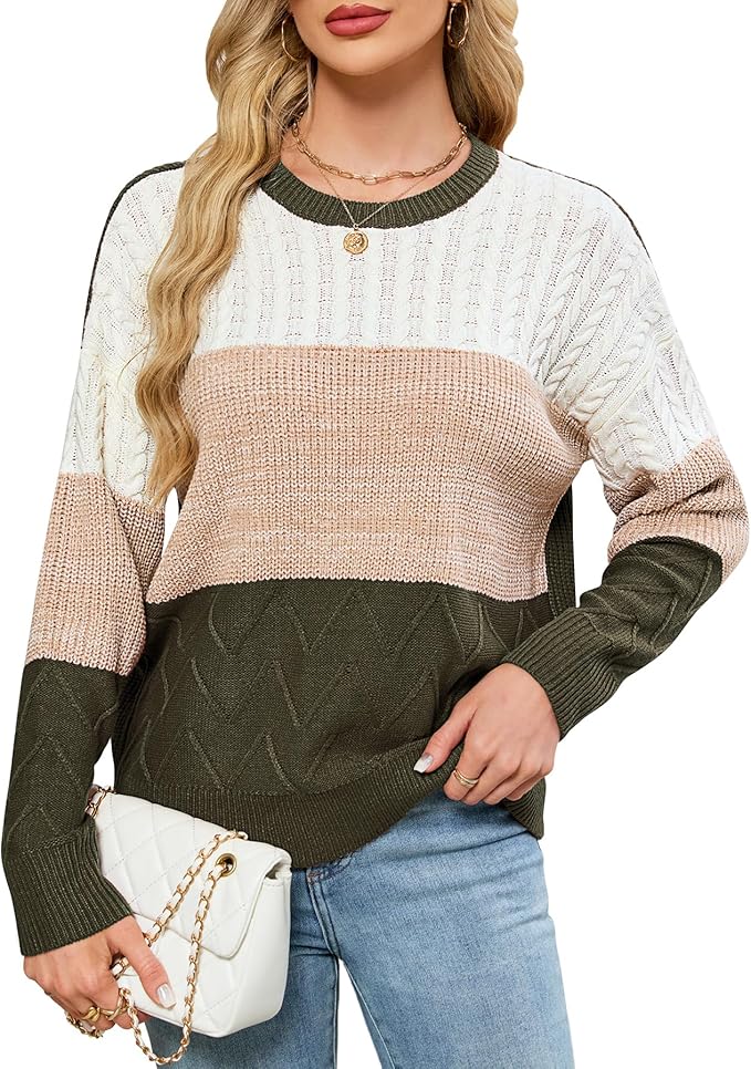 QIANSIQIANBO Women's Striped Color Block Sweaters Crewneck Fall Sweater Long Sleeve Oversized Soft Winter Pullover Tops