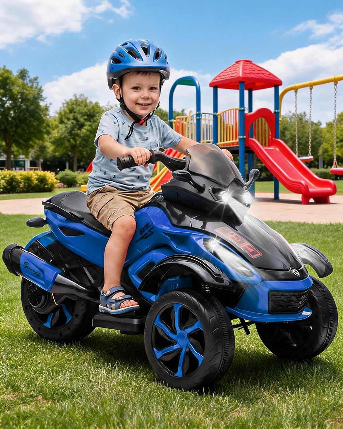 Garvee Quad Électrique Enfants 12V, Voiture Electrique Enfants, Moteurs Doubles 45W, Musique, Lumières LED, Autonomie, pour Enfants 3-8 Ans, Bleu