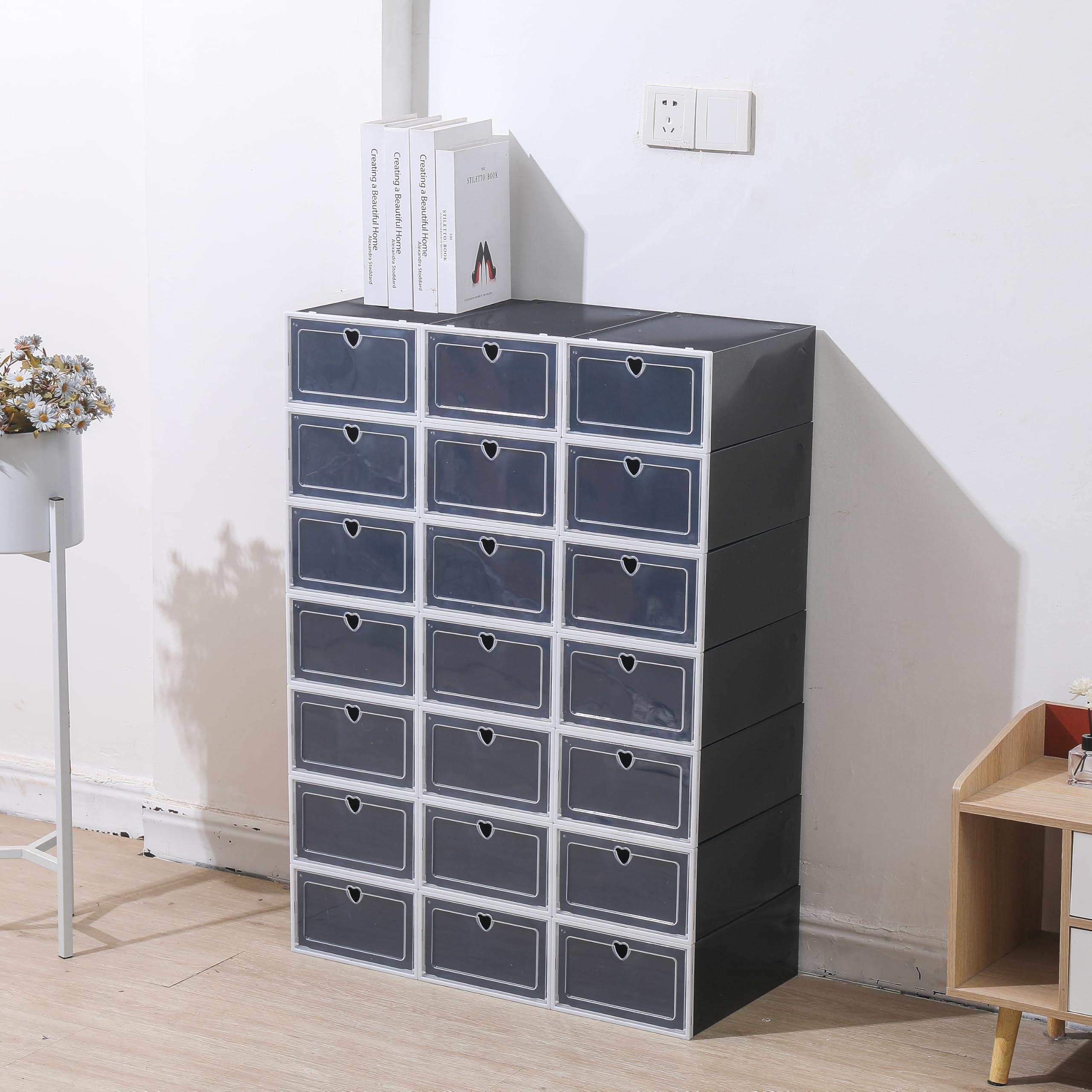 24 scatole per scarpe con foro a forma di cuore, pieghevoli, impilabili, con coperchio (nero)