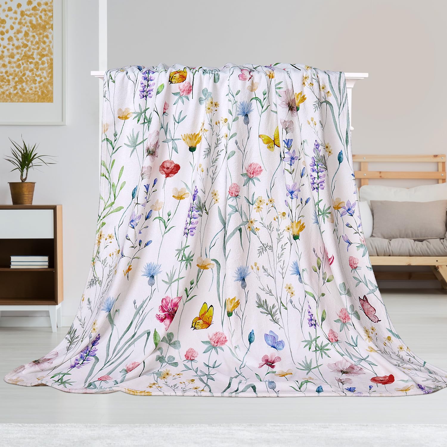 Volatumy Watercolor Floral Throw Blanket Colorful Wildflower Blankets Botanical Plant Leaf Bed Blanket Flower Butterfly Flannel Fleece Throw Blanket