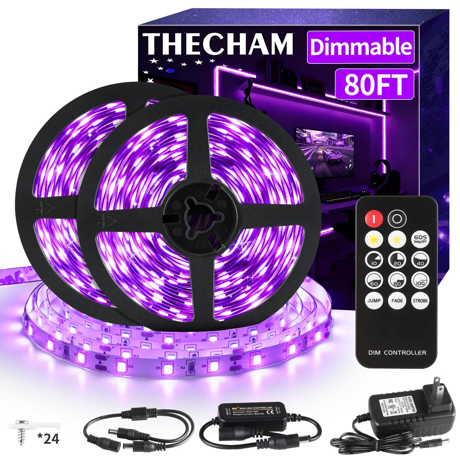 THECHAM 80ft Black Light Strip