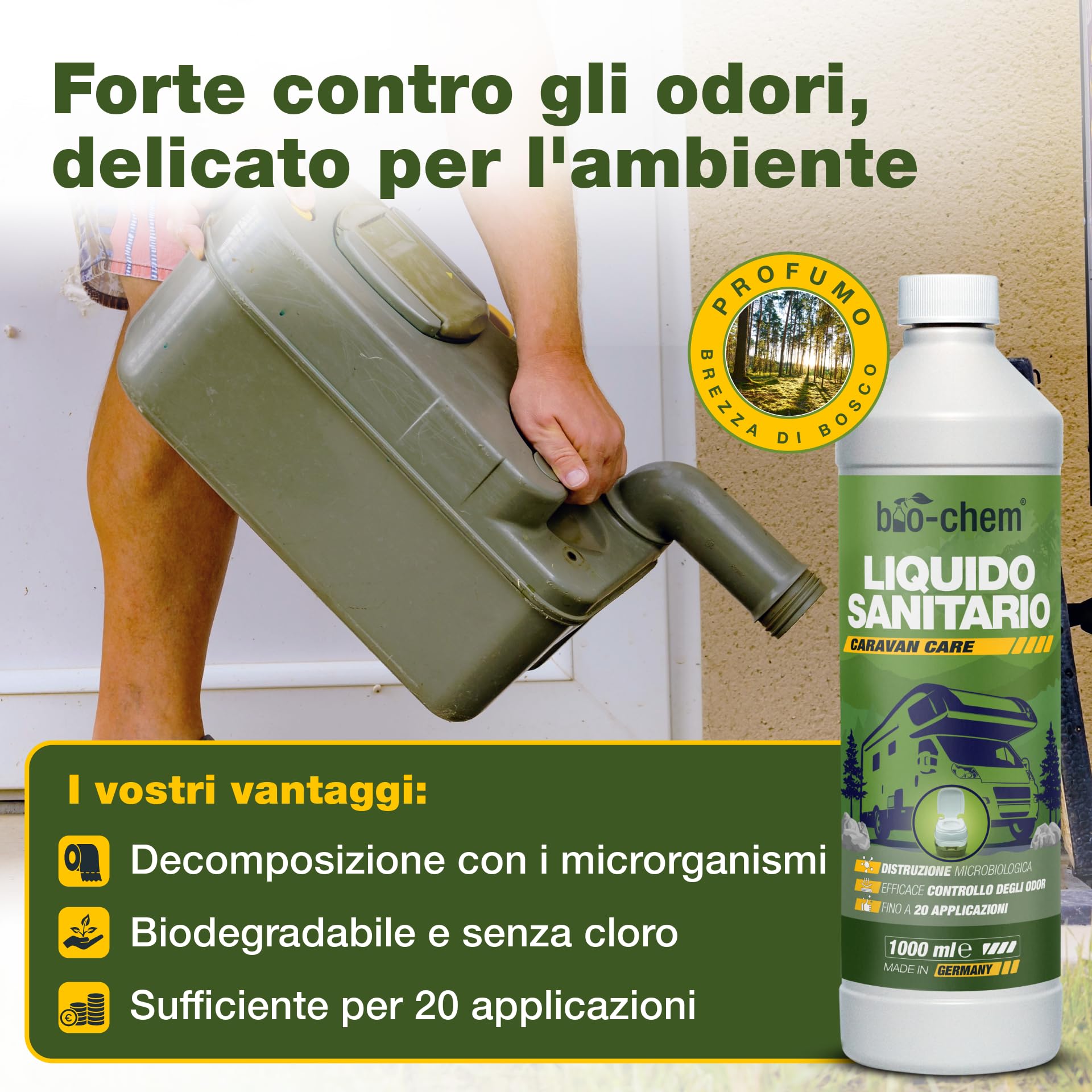 bio-chem - Set di Prodotti detergenti per WC di Camper e roulotte - Liquido Sanitario 1L e Additivo Sanitario 1L - Nuova Formula con microrganismi per WC chimici da roulotte