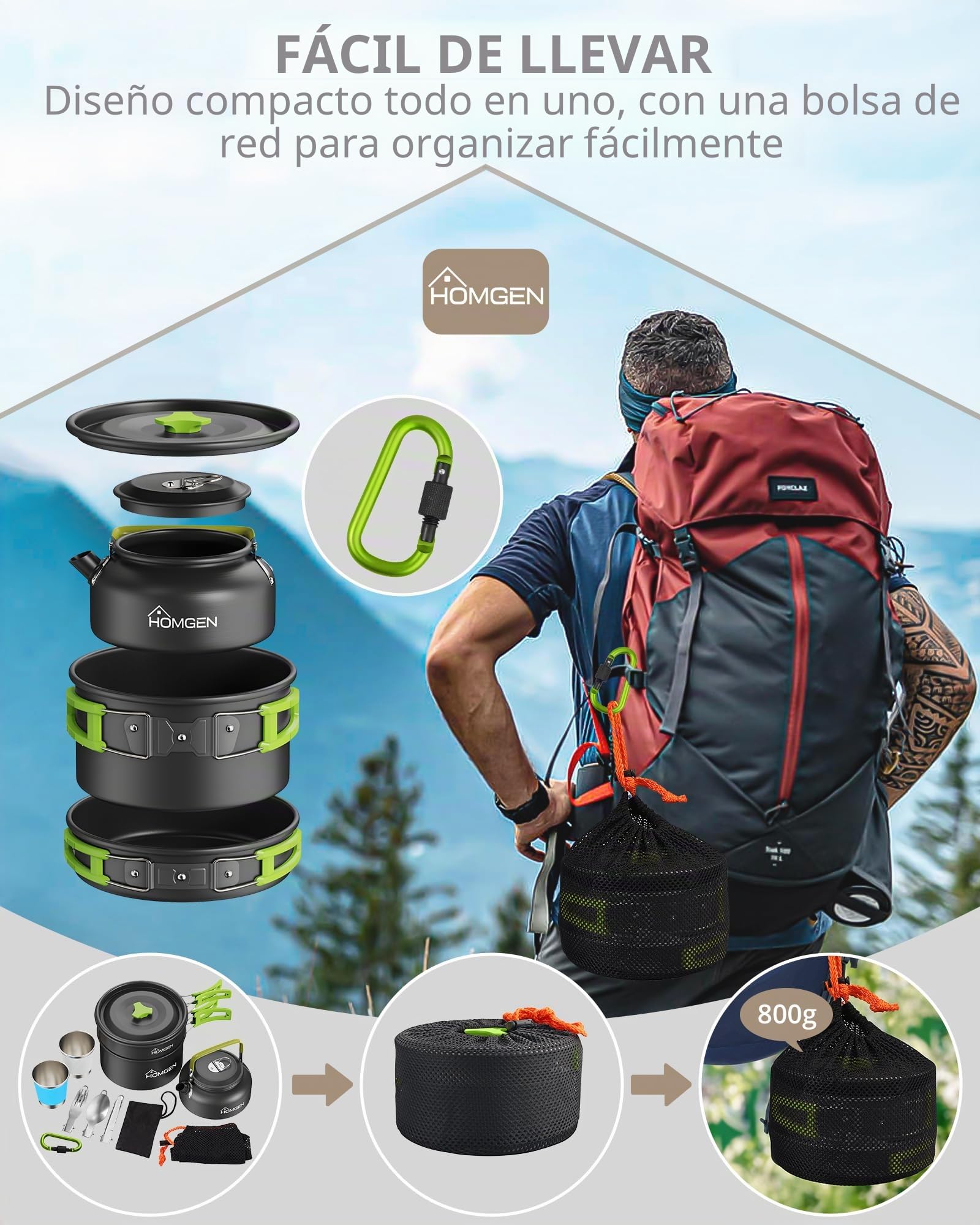 HOMGEN Kit de Cocina Camping 1-2 Personas Menaje Camping con Tetera Verde | Batería de Cocina Camping con Olla Sartén Tetera Tazas Aisladas Cubiertos Mangos Plegables para Senderismo Trekking Picnic
