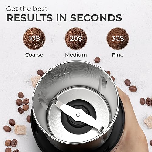 Miniatura 4 de Kaffe - Molinillo de café eléctrico con taza extraíble (3.5 onzas), acero inoxidable, cepillo de limpieza incluido, molinillo de granos de café