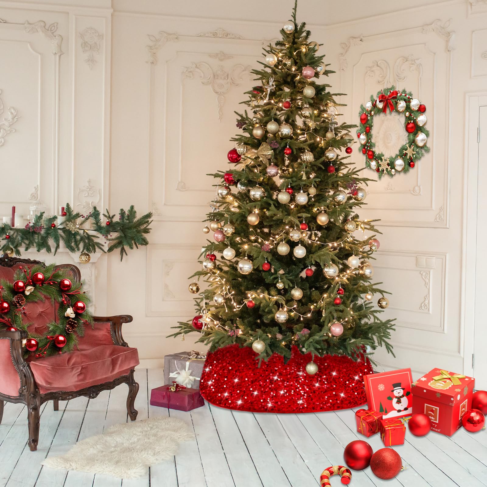 Collare per Albero di Natale, Copri Base Albero di Natale 60x40cm, Gonna per Alberoo di Natalizio Tronco con Paillettes, Christmas Tree Collar-Decorazioni Natalizie Casa (rosso)