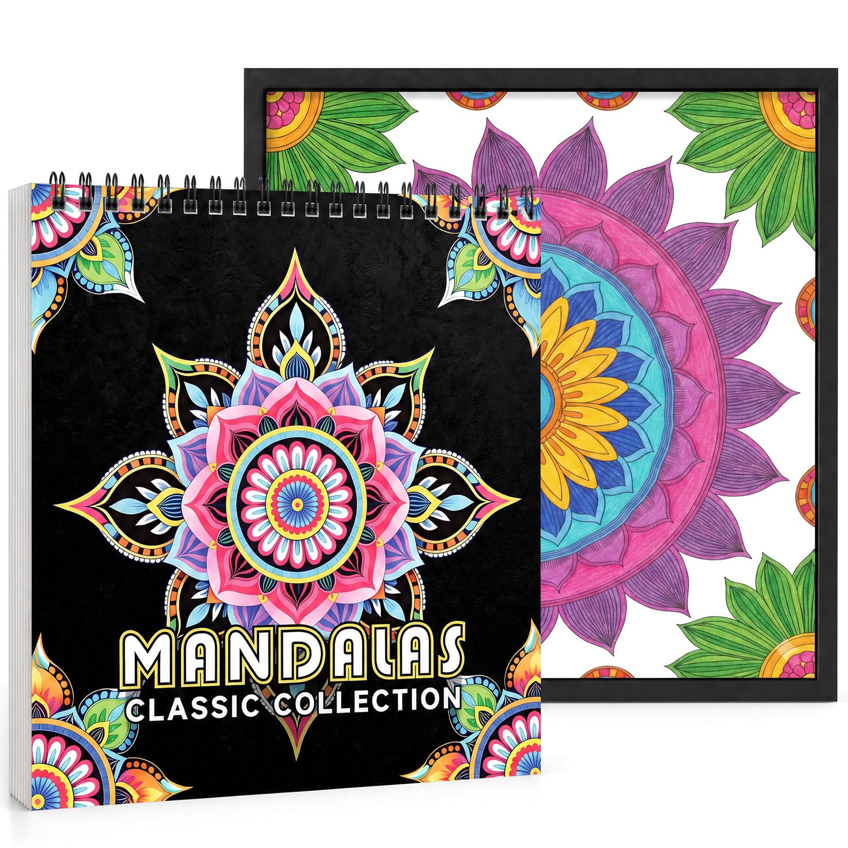 FUNLAVIE Adult Colouring Book & Picture Frame Set, Classic Mandala Colouring Book Spiral Bound with 22.5 x 22.5 cm Black Frame for Tabletop or Wall Display,Mindfulness & Stress Relief for Adult